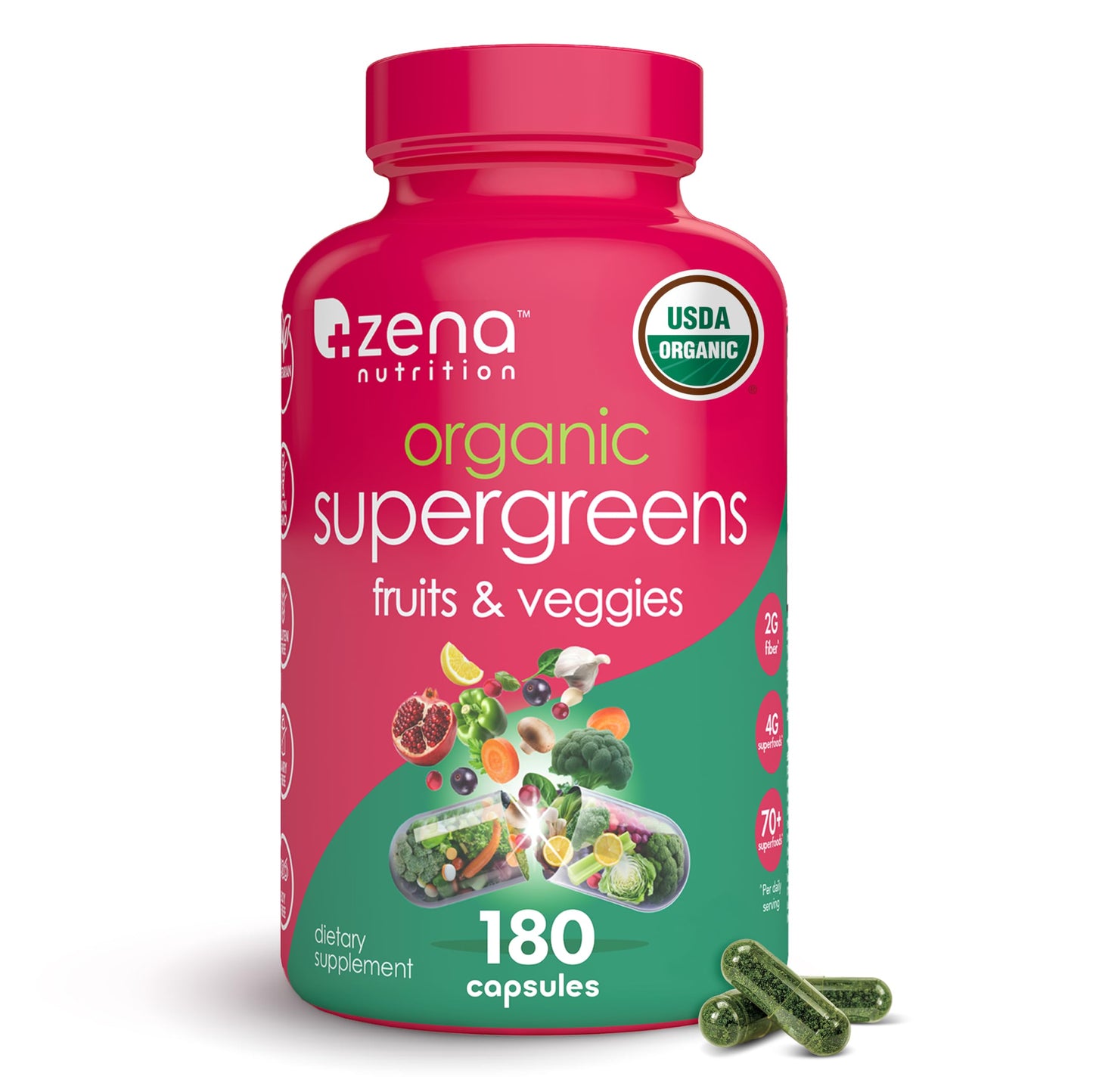 Zena Nutrition Organic Super Greens Fruit & Veggies Supplement Capsule, 180 Capsules
