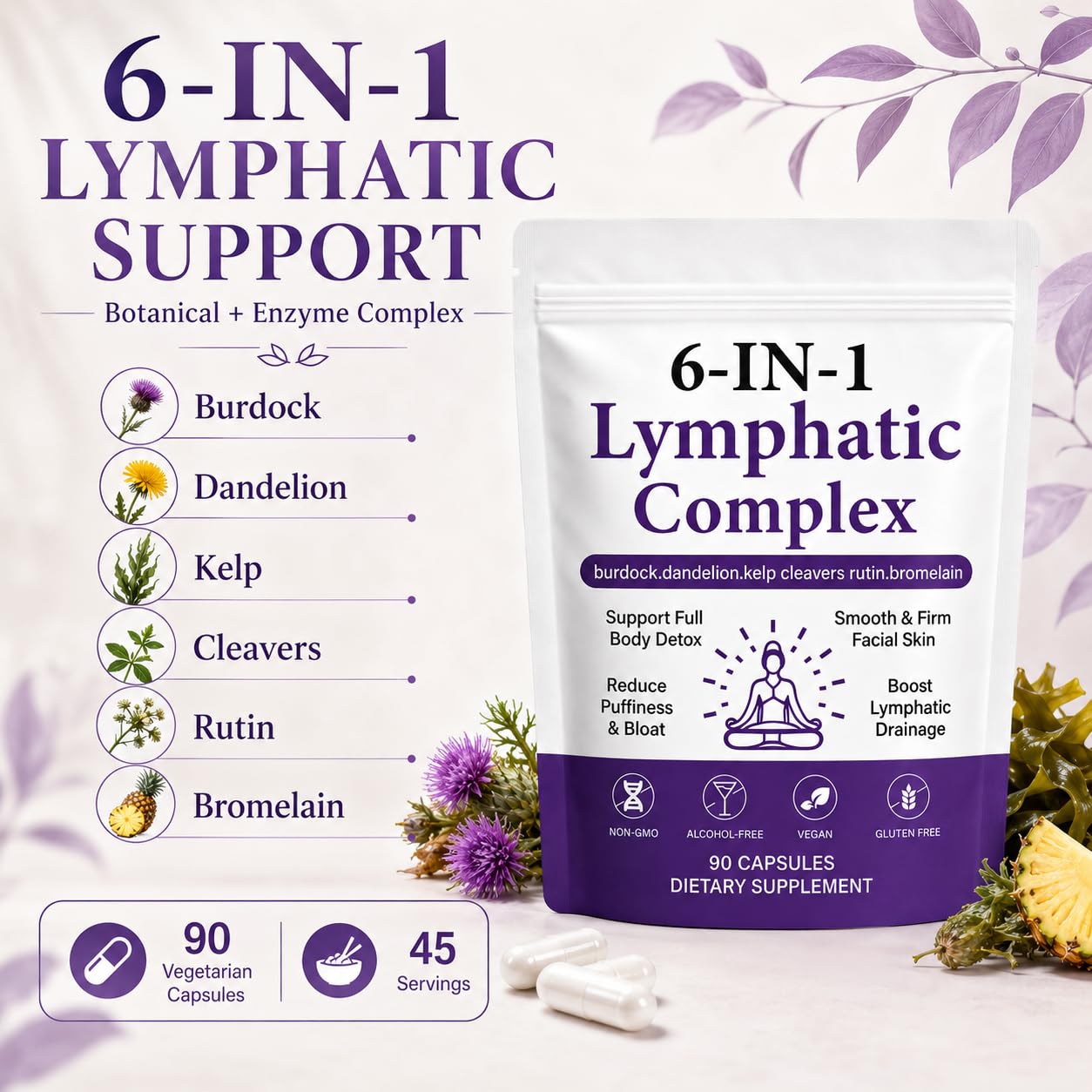 Lence 6-in-1 Lymphatic Complex Capsules, Botanical Blend, 90 Count