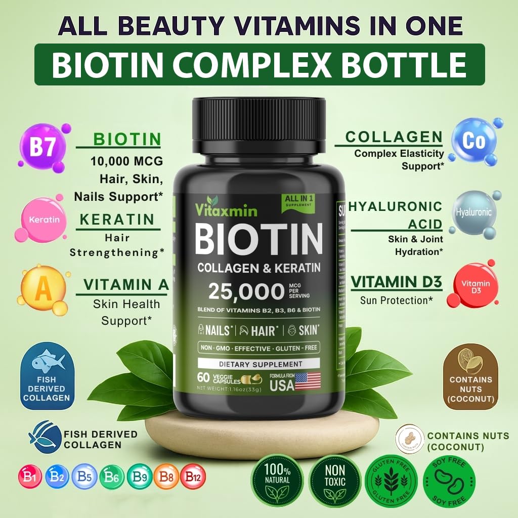 Vitaxmin Biotin 10000mcg with Collagen Keratin Hyaluronic Acid - Hair Growth Vitamins for Women & Men - Hair Skin and Nails Vitamins with B Complex Capsules 60 Count