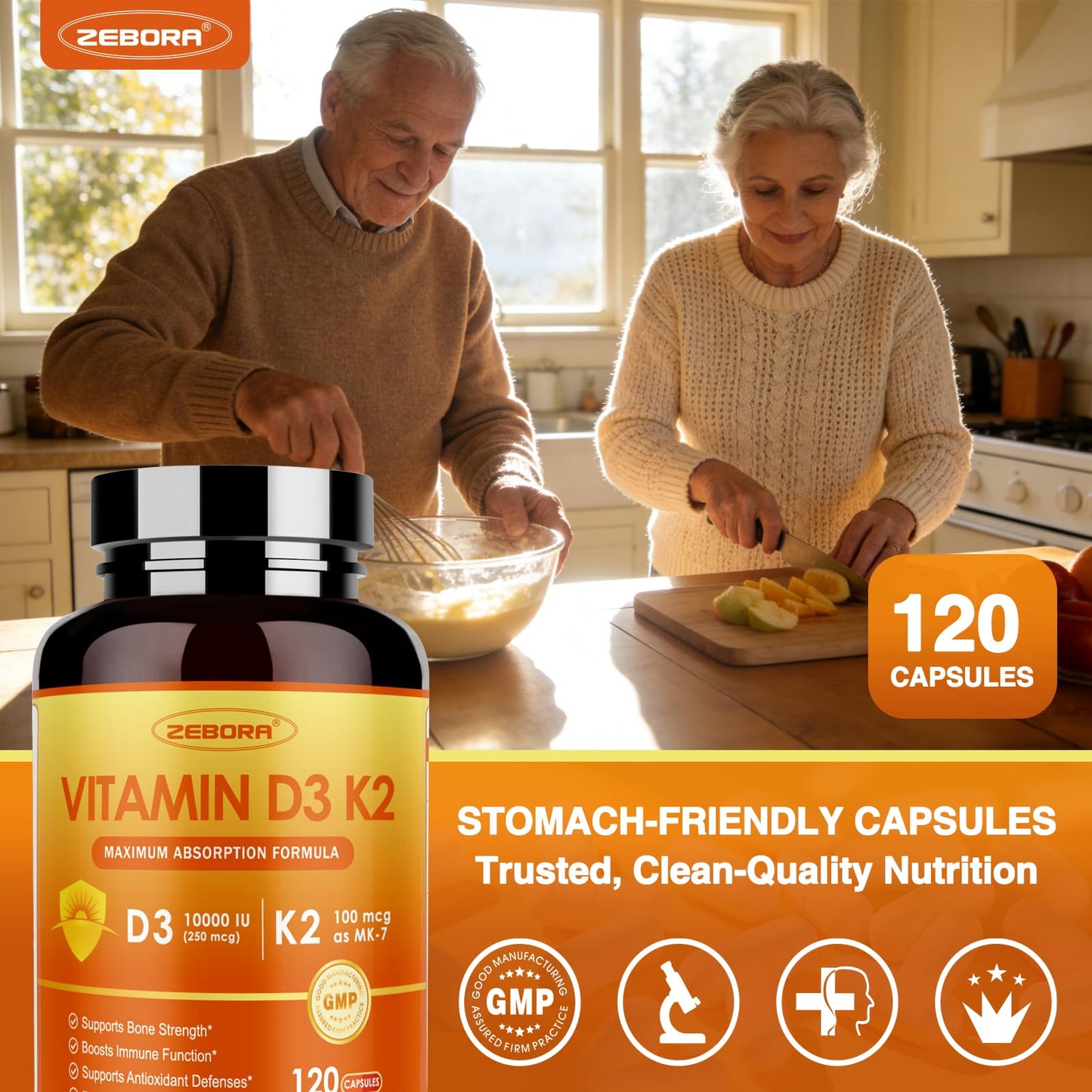 ZEBORA Vitamin D3 K2 Maximum Strength 10000IU D3 & 100mg K2 as MK-7 - Heart, Bone, Immune Health & Antioxidan Defenses Support - Gluten-Free, Non-GMO, 120 Capsules