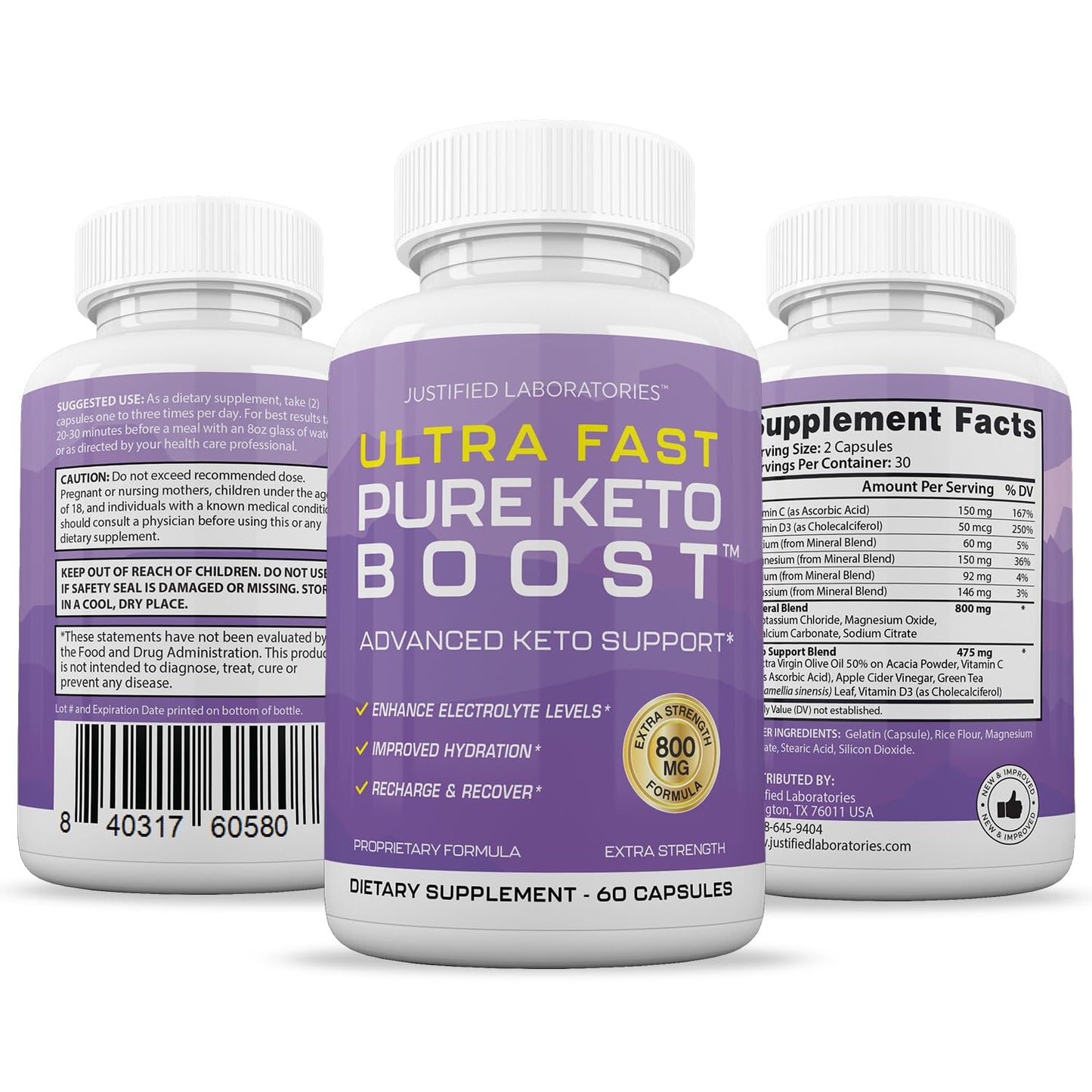 Justified Laboratories Ultra Fast Pure Keto Boost Pills 1275MG, 60 Capsules