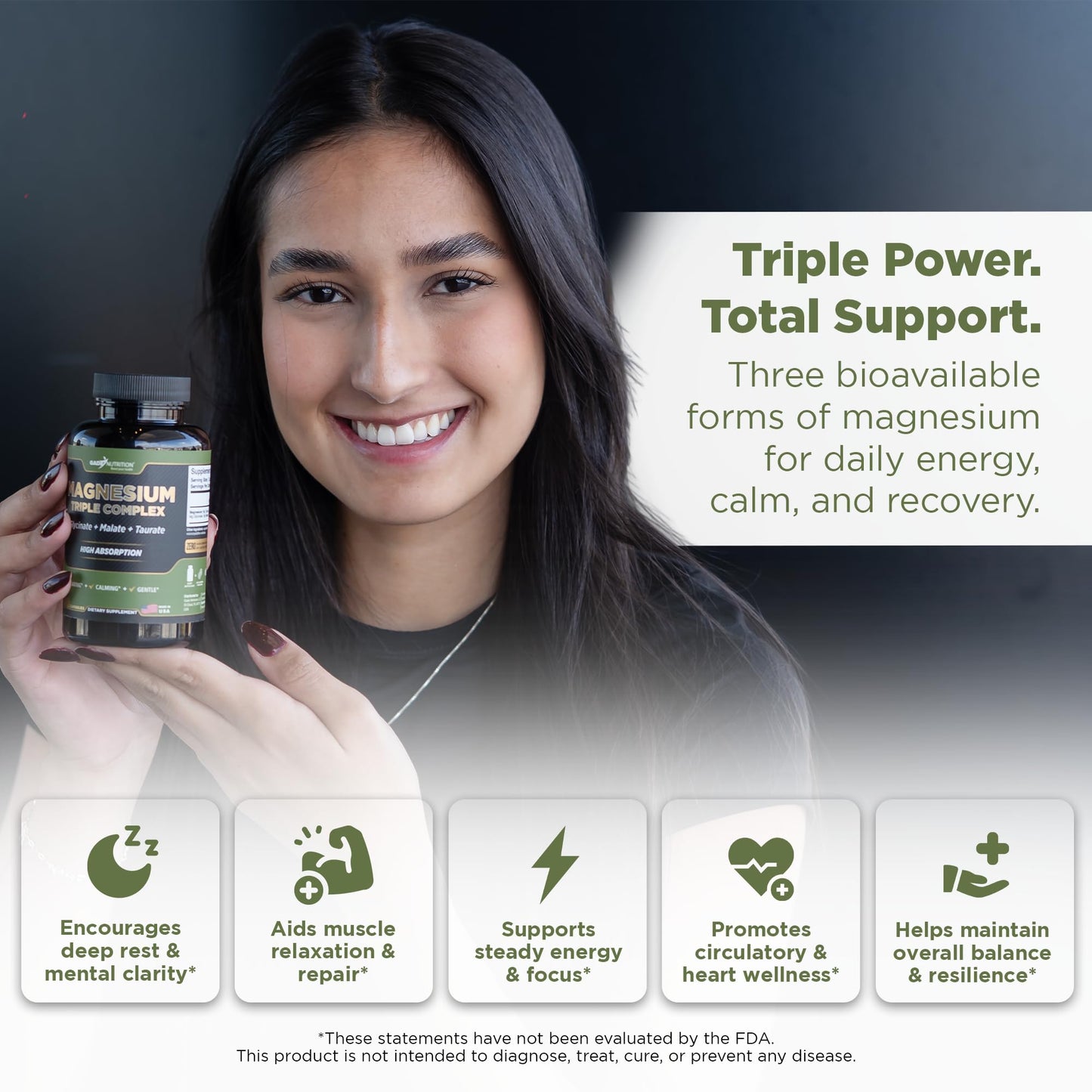 GADE NUTRITION Magnesium Triple Complex with Magnesium Glycinate, Magnesium Malate & Magnesium Taurate Capsules 90 Count