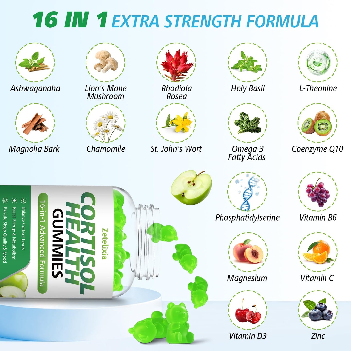 Zetelixia Cortisol Gummies for Women, 16-in-1 Cortisol Support, Apple Flavor, 120 Gummies