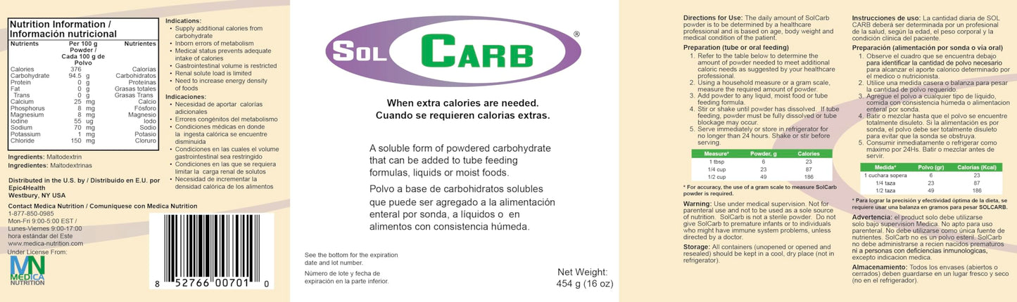 Medica Nutrition SolCarb Unflavored Carbohydrate Powder Supplement, 96 Count