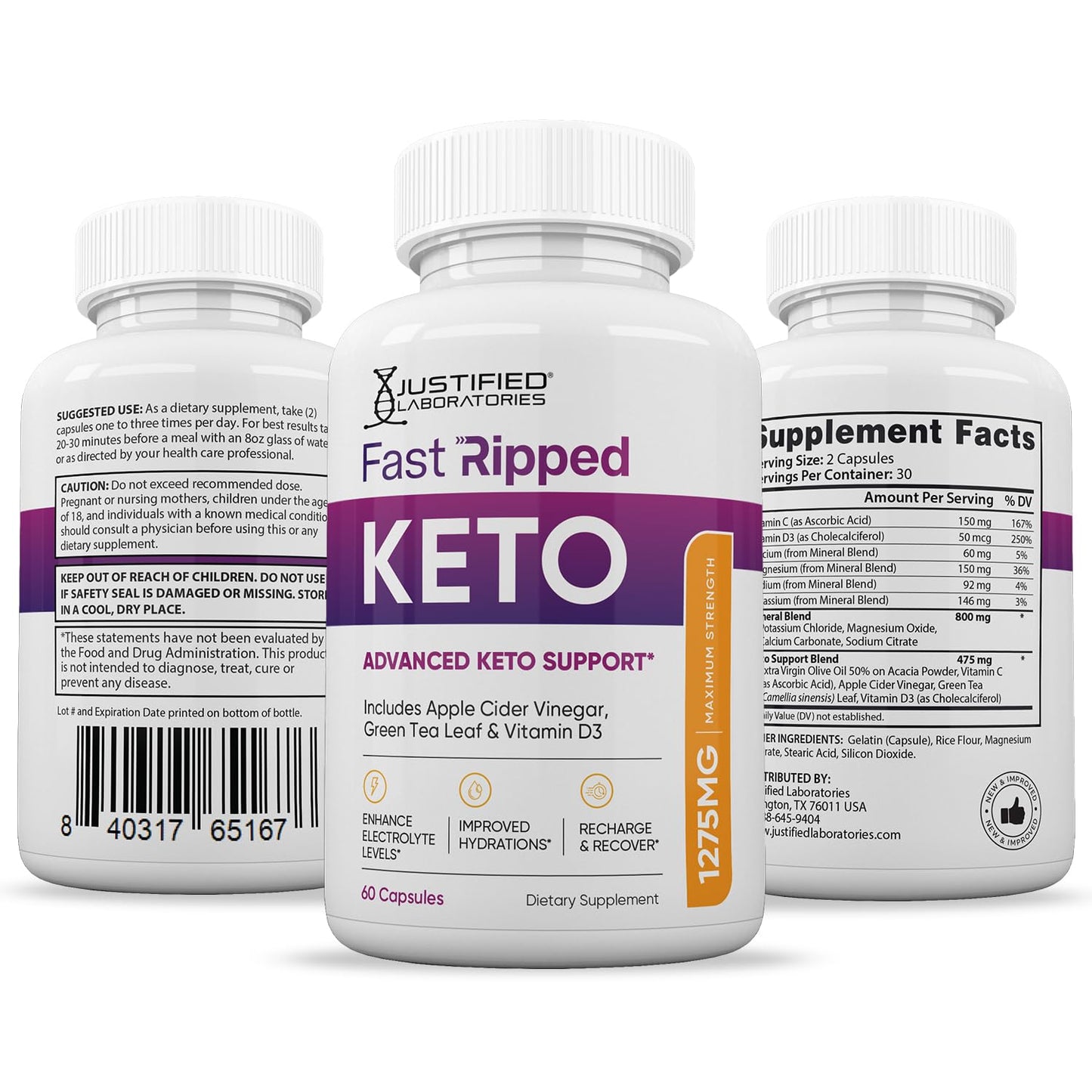 Justified Laboratories Fast Ripped Keto ACV Pills 1275MG Keto Support Blend Capsules, 60 Capsules