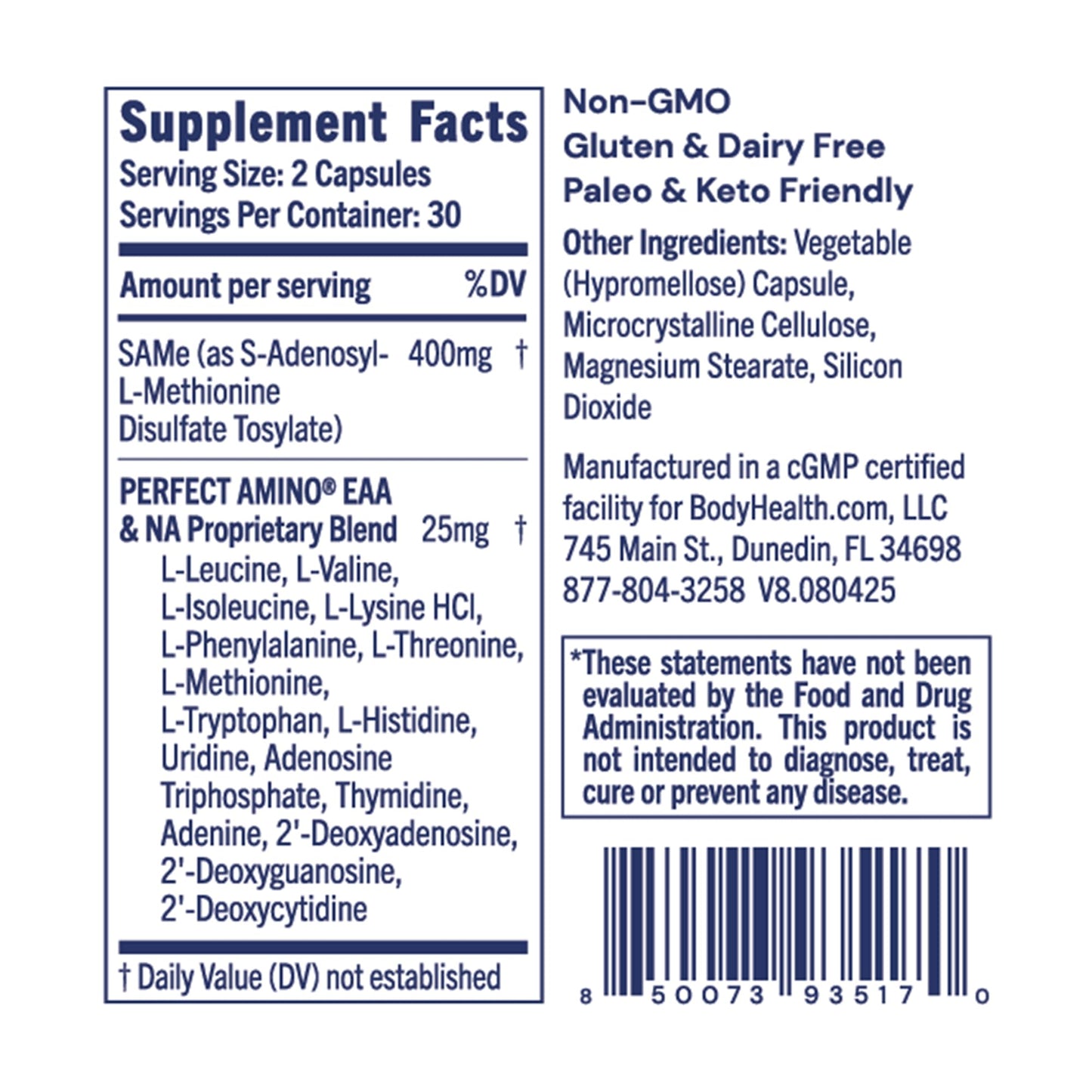 BodyHealth Same 400mg - Optimized Methylation Support for Brain, Joint, Cartilage and Liver Health, 60 Capsules