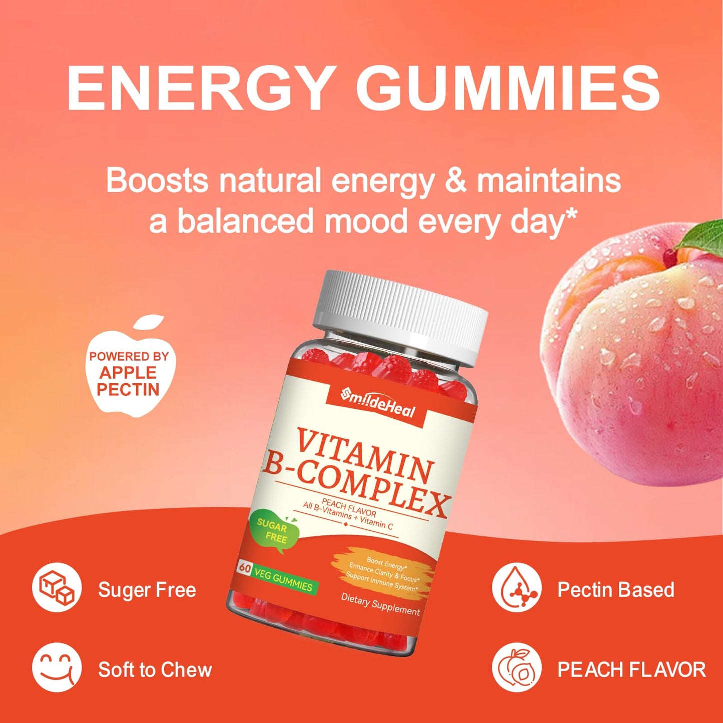 SmildeHeal Vitamin B Complex Gummies for Women & Men - B Complex with B Vitamins, Vitamin C & Choline - Energy & Immune Support - Vegan, Sugar Free, Peach Flavor - 120 Gummies