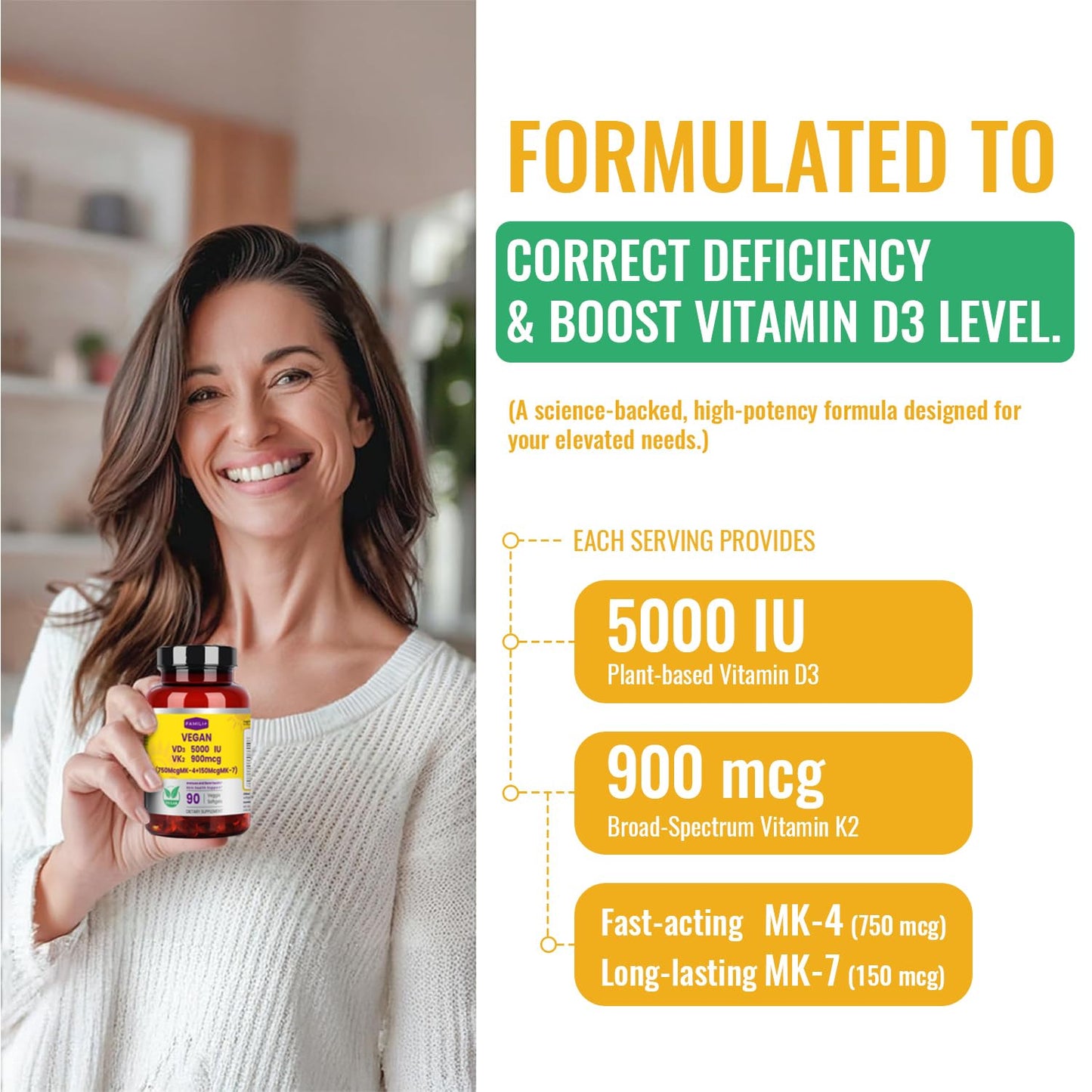 FAMILI+ Vitamin D3 + K2 Capsule, 90 Capsules, Vegan