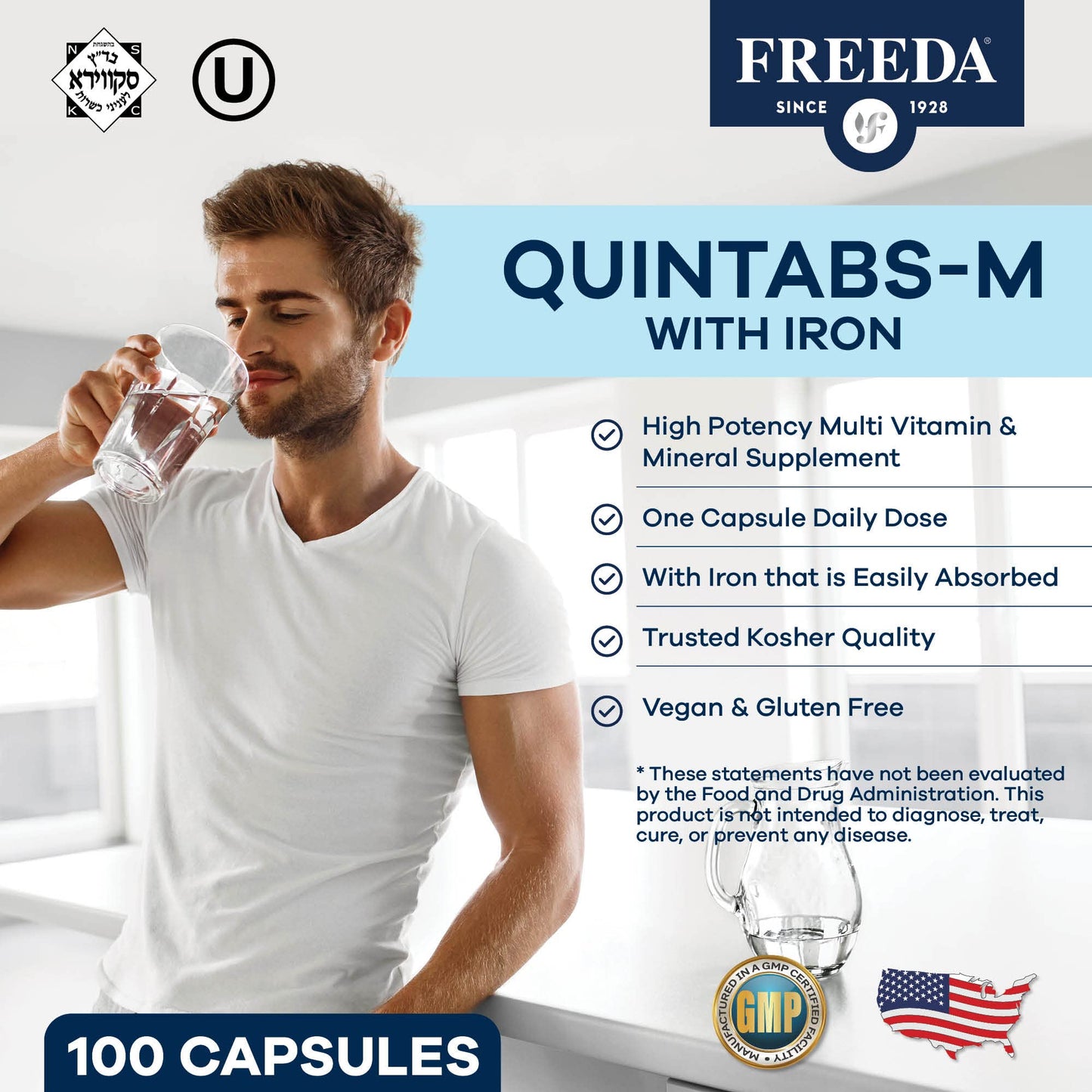 FREEDA Multivitamin One Daily Quintabs-M with Iron – Kosher Multivitamins for Women and Iron-Deficient Men, 250 Capsules