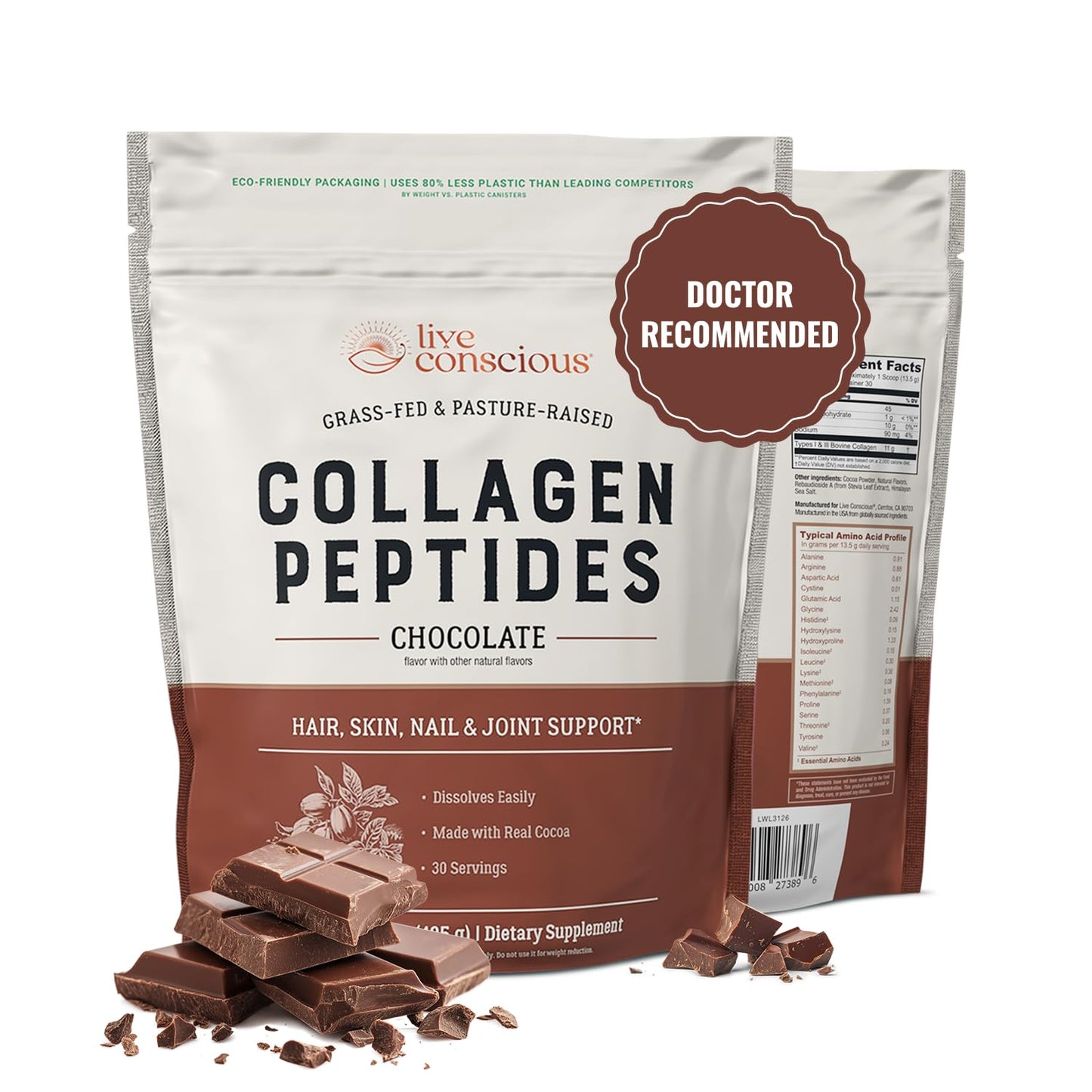 Live Conscious Collagen Peptides Powder - Chocolate - Hair, Skin, Nail, and Joint Support - Type I & III Grass-Fed Collagen Supplements for Women and Men - 15 oz