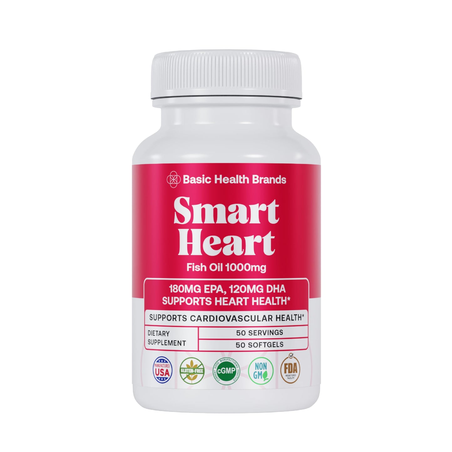 Basic Brands Smart Heart Omega-3 Fish Oil 1000 mg Softgel, 50 Softgels