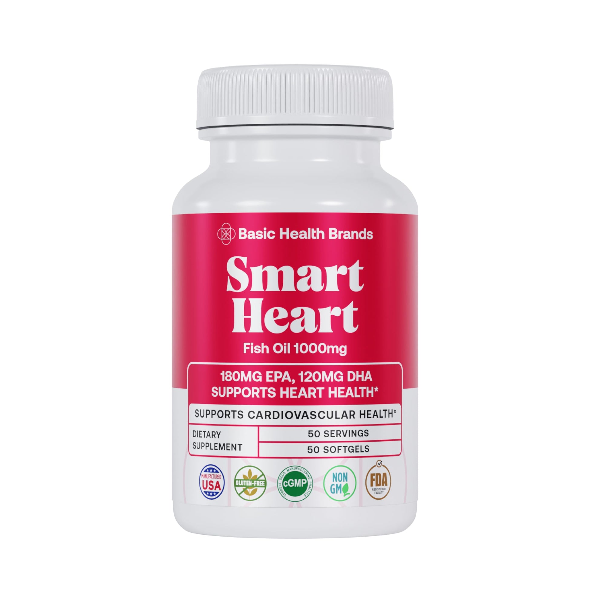 Basic Brands Smart Heart Omega-3 Fish Oil 1000 mg Softgel, 50 Softgels