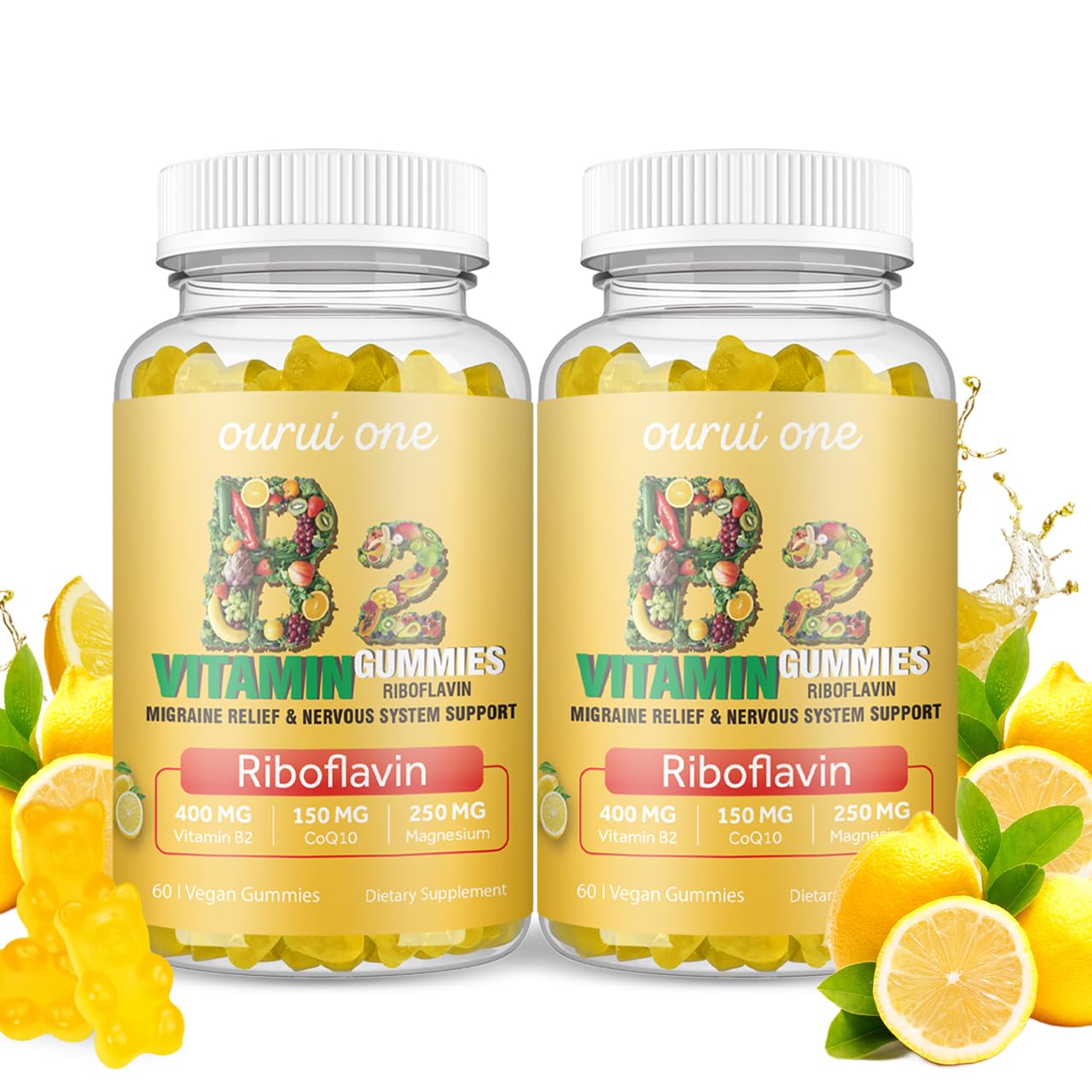 ourui one Vitamin B2 Gummies 400mg Riboflavin with CoQ10 150mg Magnesium 200mg for Kids & Adults, Nervous System & Skin Health, 120 Gummies