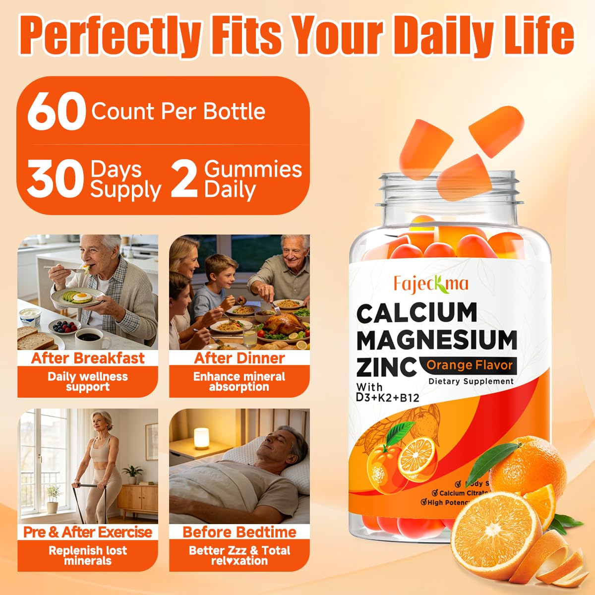 Fajeckma Calcium Magnesium Zinc Gummies, 120 Gummies