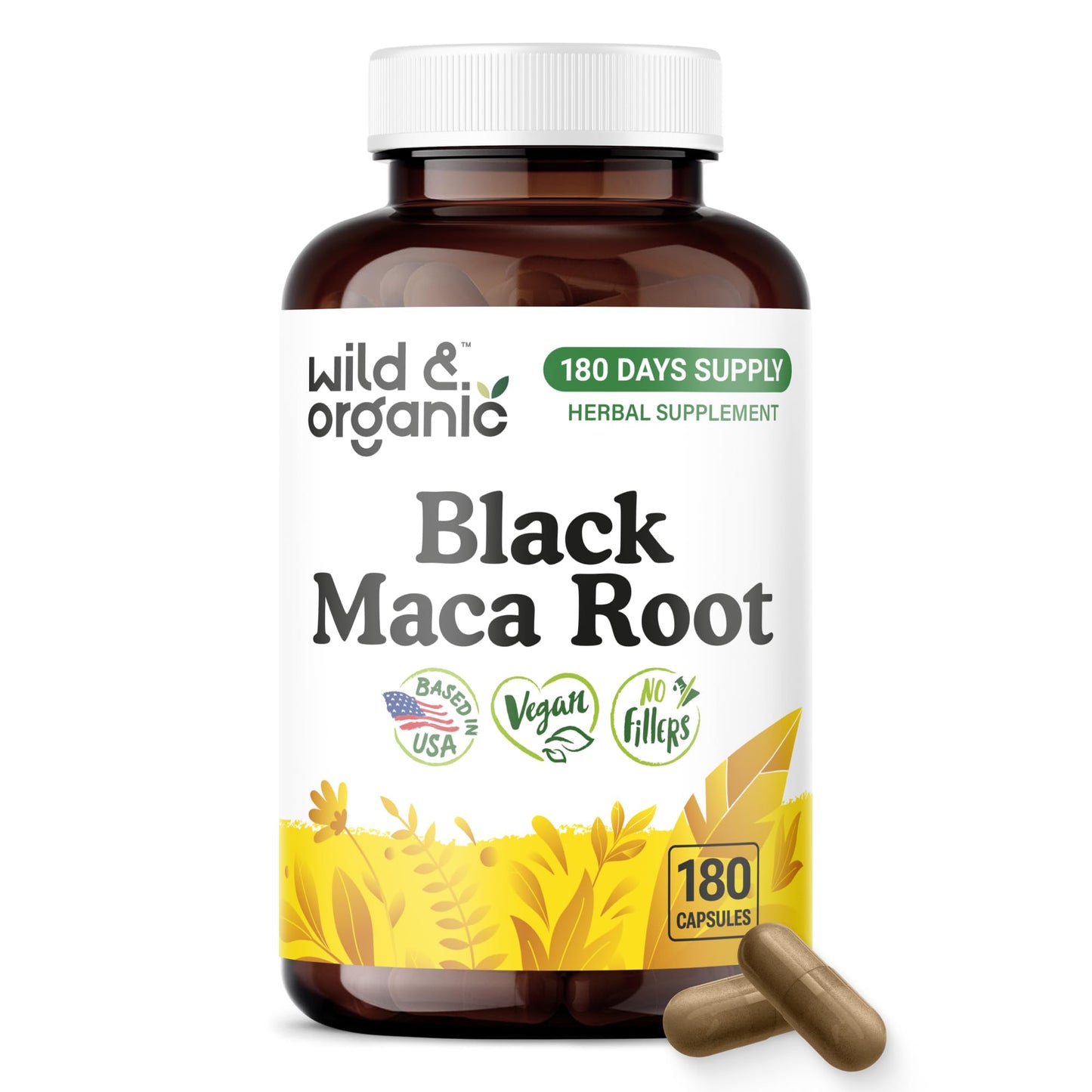 Wild & Organic Black Maca Root 500 mg Capsules, 180 Count