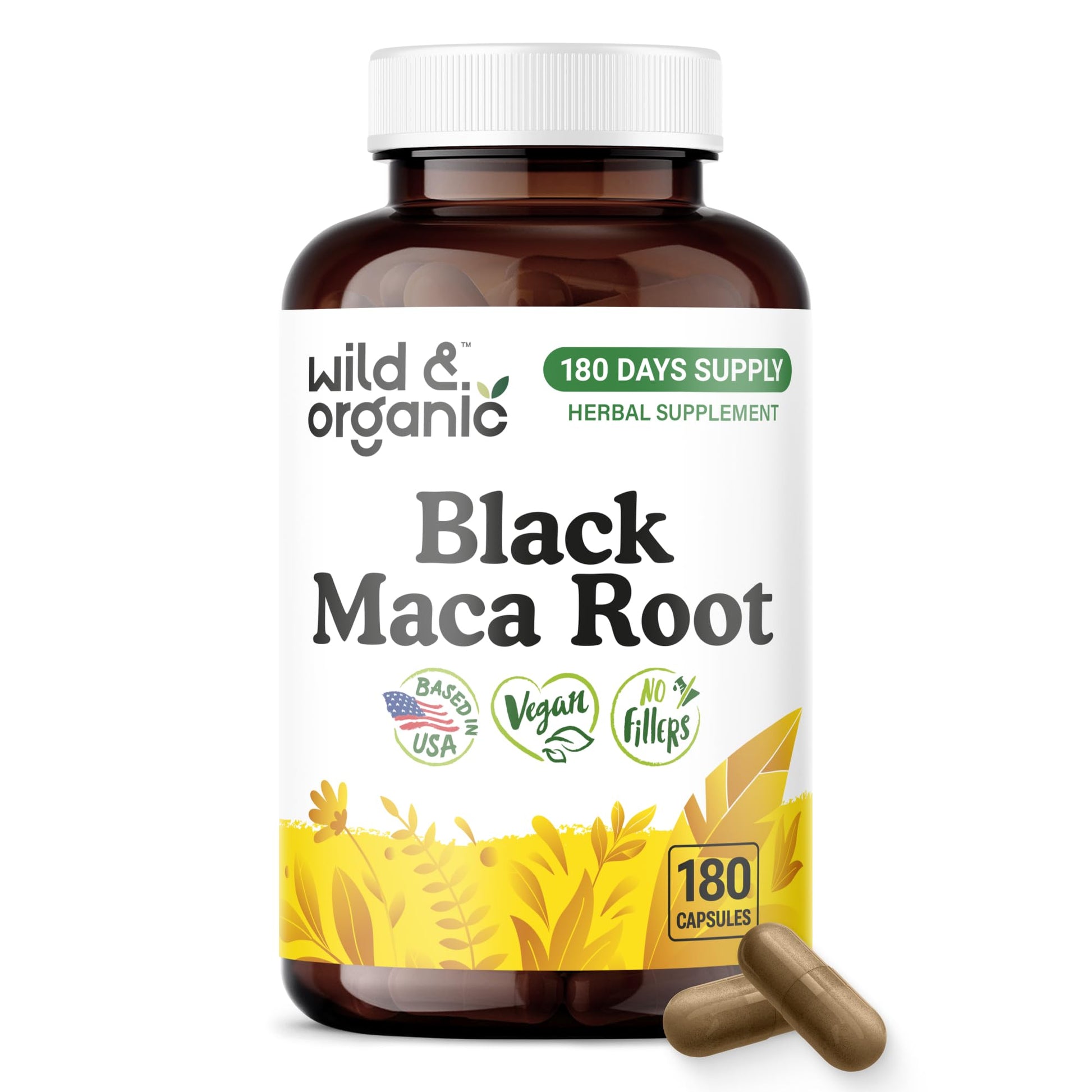 Wild & Organic Black Maca Root 500 mg Capsules, 180 Count