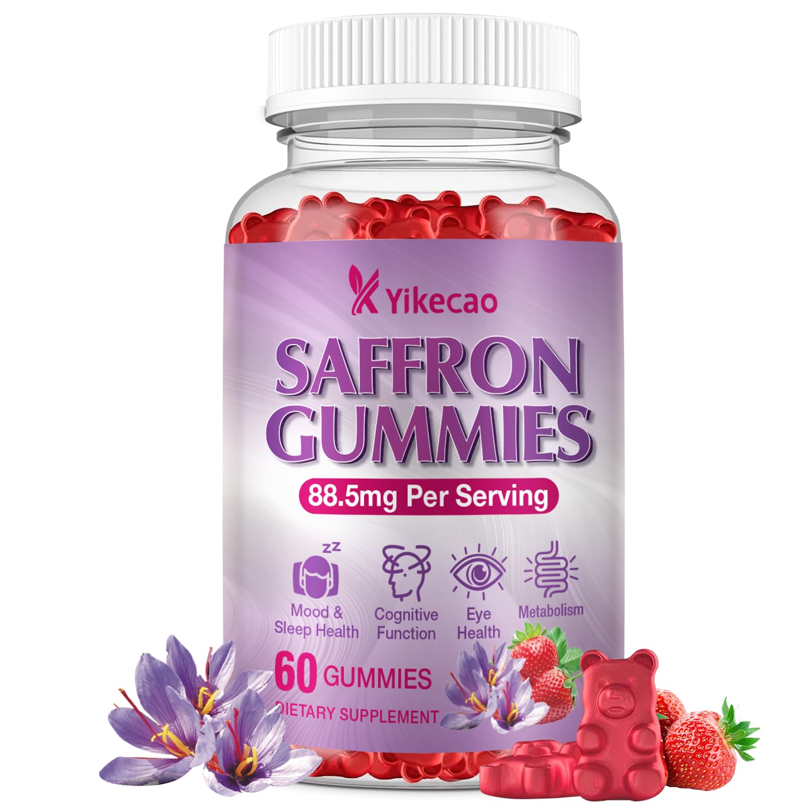 Yikecao Saffron Supplements Gummies, 88.5mg Saffron Extract with Vitamin D3, B6, Magnesium, Ashwagandha, L-Theanine, Sugar-Free, Strawberry Flavor, 60 Count