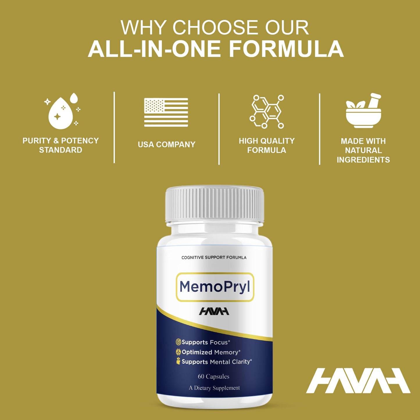 Havah Memopryl Advanced Health and Wellness Nootropic Supplement Capsule, 180 Capsules