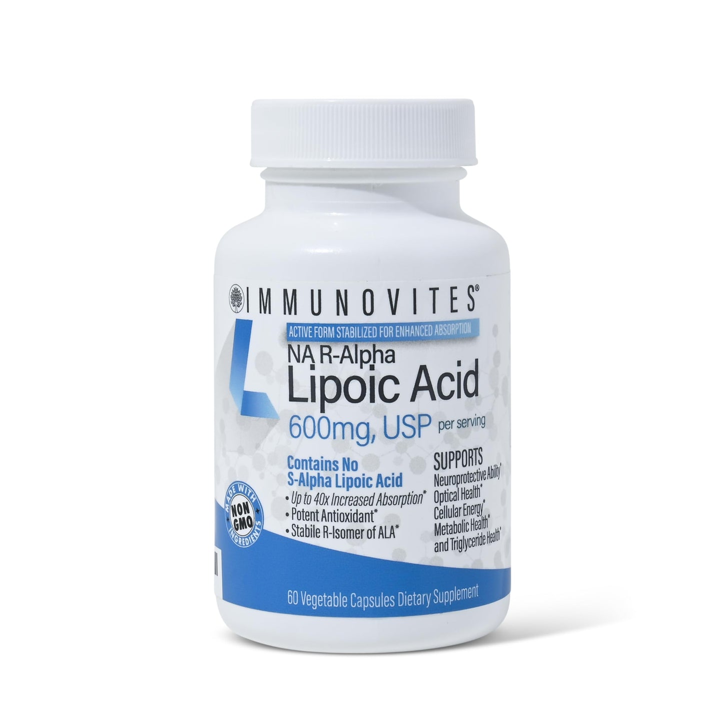 IMMUNOVITES Stabilized R-Alpha Lipoic Acid 600mg per Serving Capsules, 60 Count