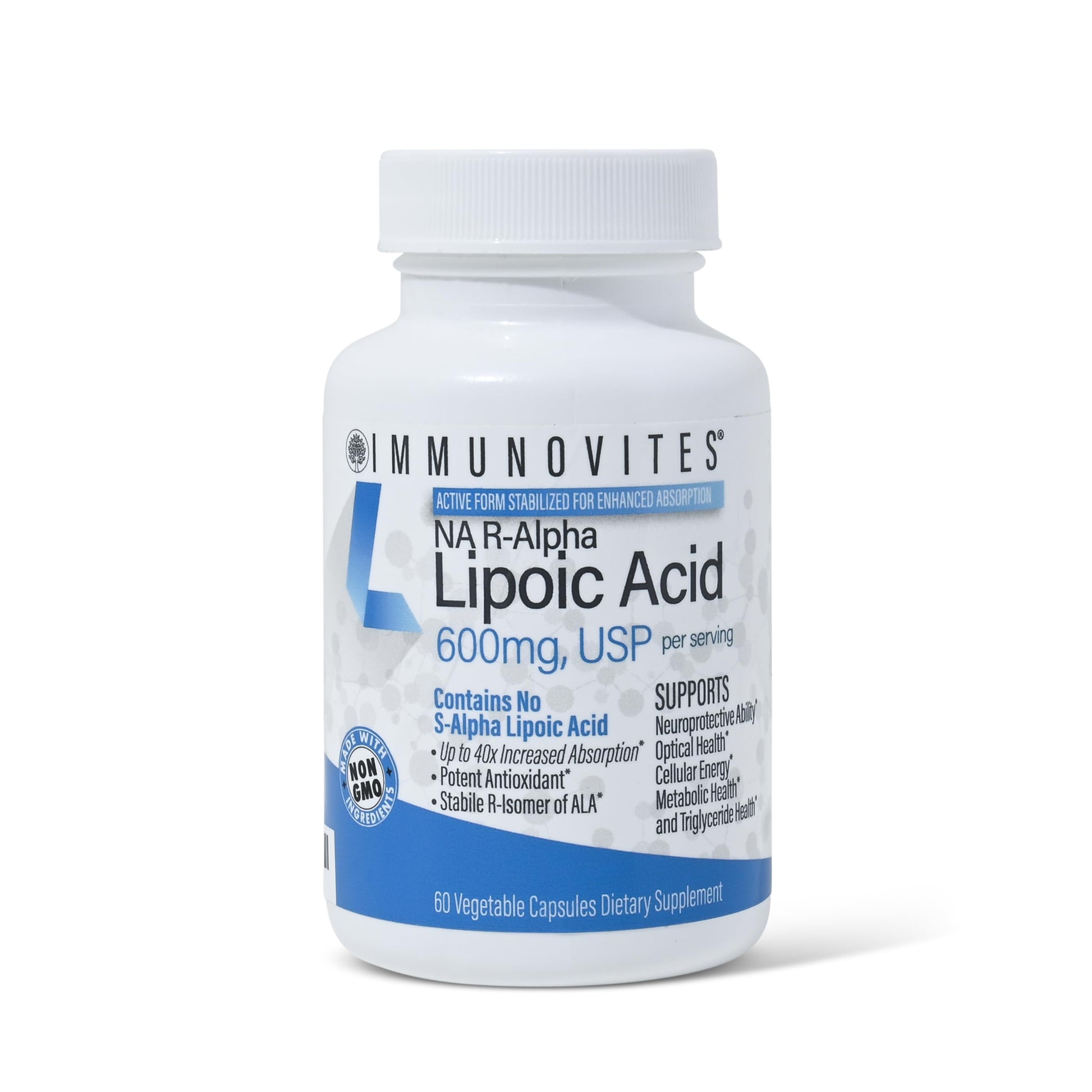 IMMUNOVITES Stabilized R-Alpha Lipoic Acid 600mg per Serving Capsules, 60 Count