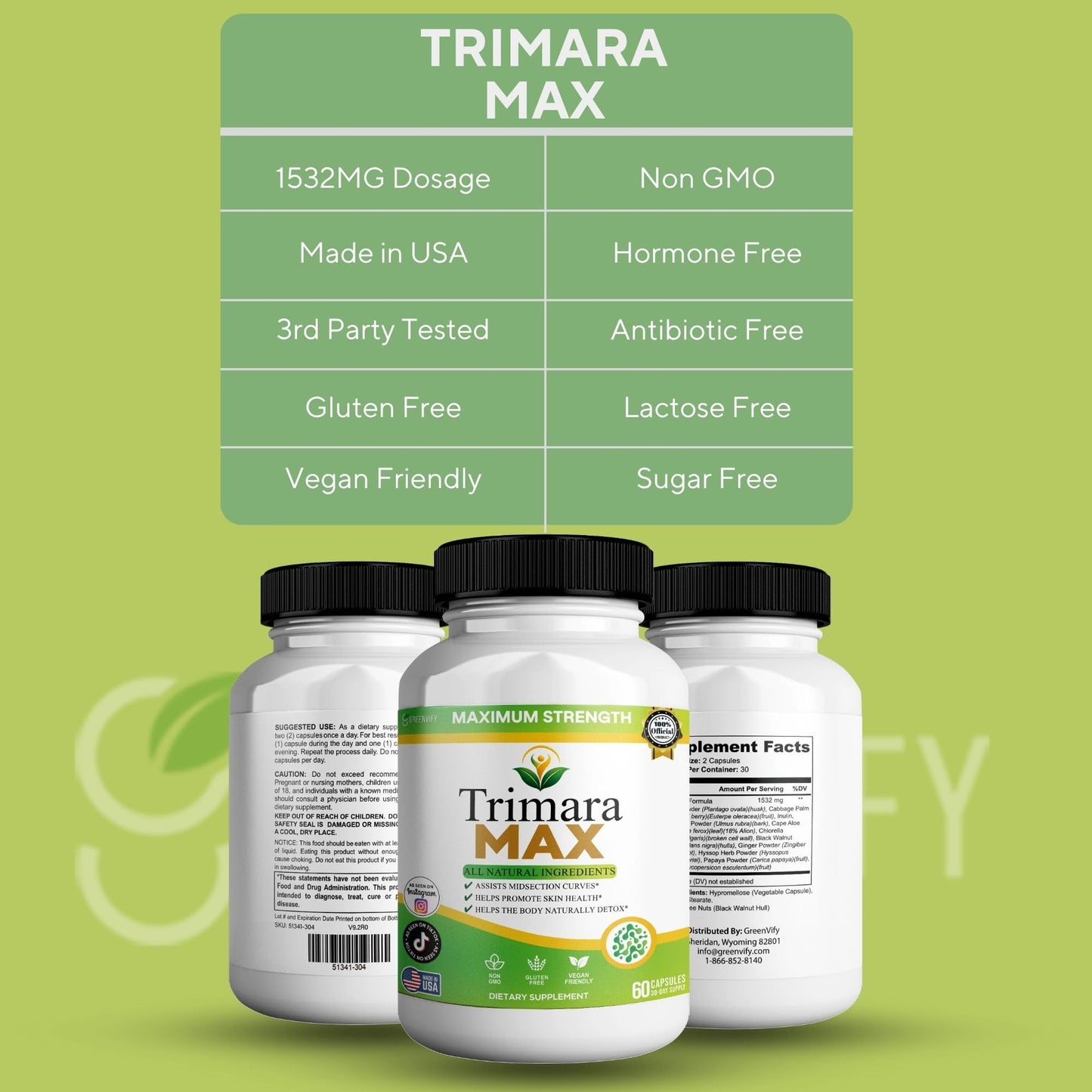 GREENVIFY Trimara Max Maximum Strength Natural Dietary Supplement 60 Capsules