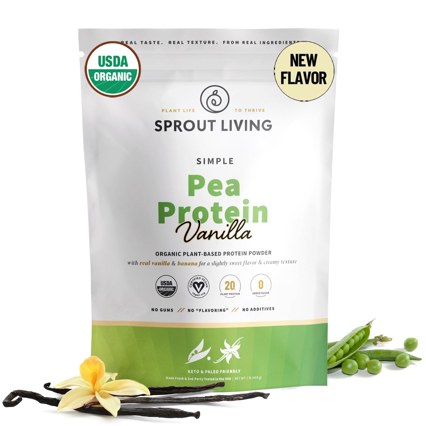 Sprout Living Organic Pea Protein Powder, Vanilla Flavor, 16