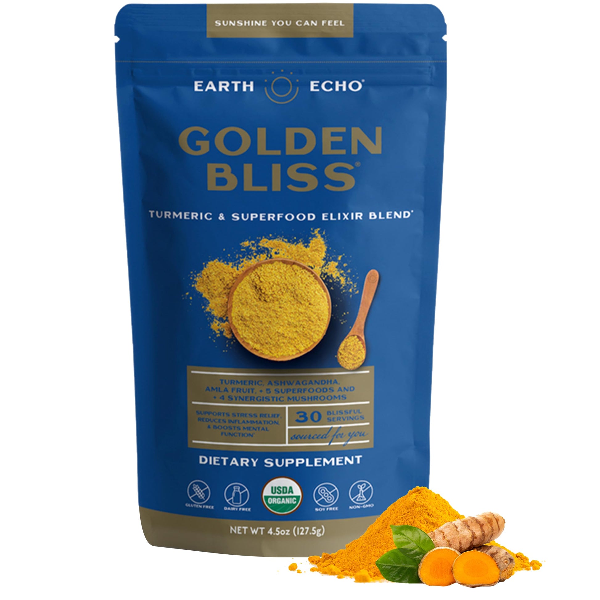 Earth Echo Golden Bliss Organic Golden Milk with Turmeric and Ginger Powder, 30 Servings