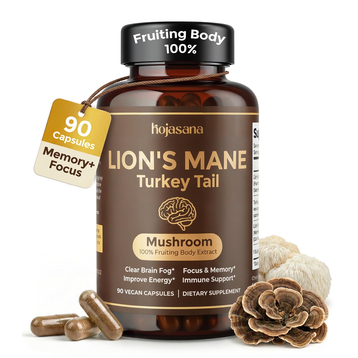 HojaSana Lion's Mane & Turkey Tail Mushroom Supplement Capsules, 90 Count