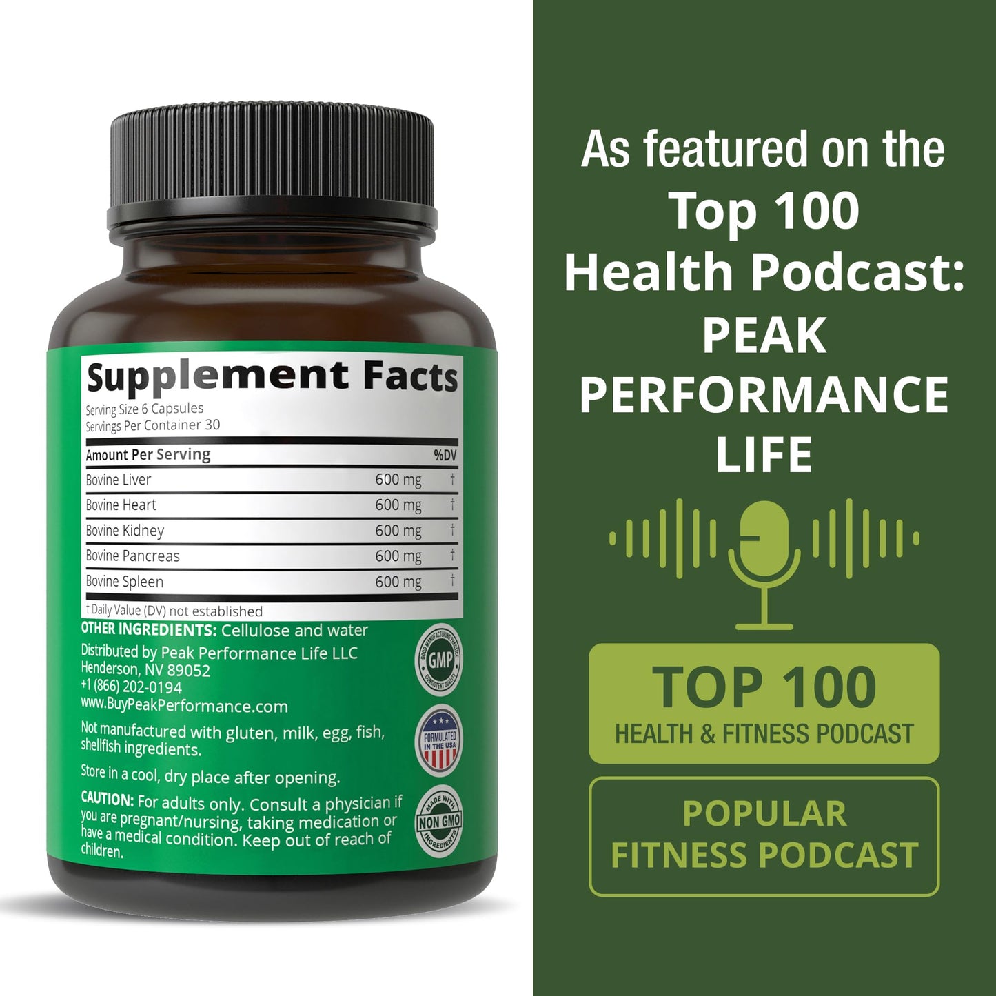 Peak Performance Grass Fed Beef Organ Complex from New Zealand Capsules, 180 Count