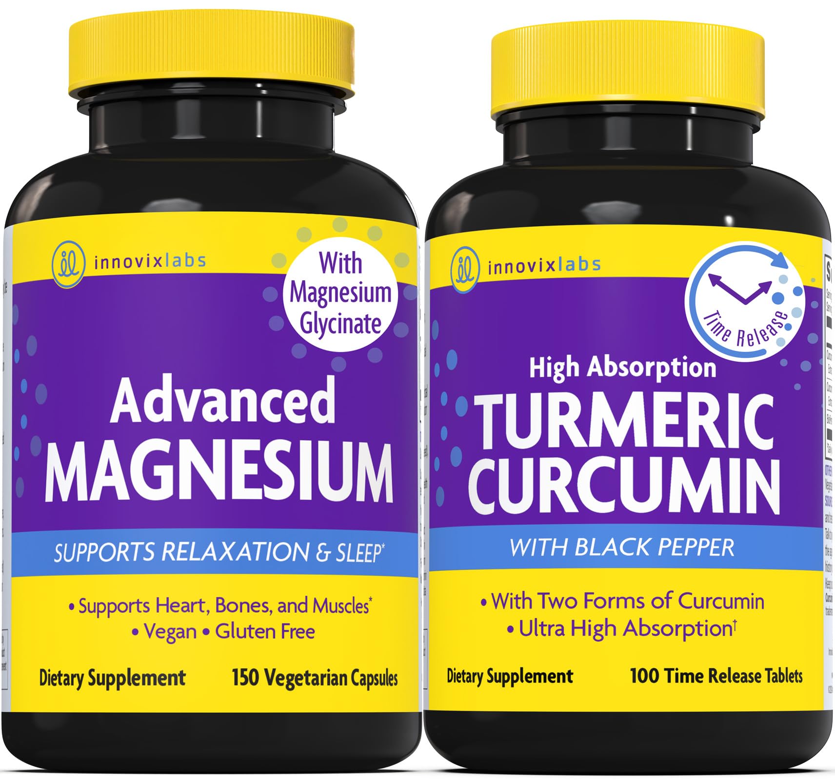 InnovixLabs Magnesium & Curcumin Bundle: Advanced Magnesium (150 Time-Release Capsules) and Turmeric Curcumin (100 Time-Release Tablets) 2-Pack