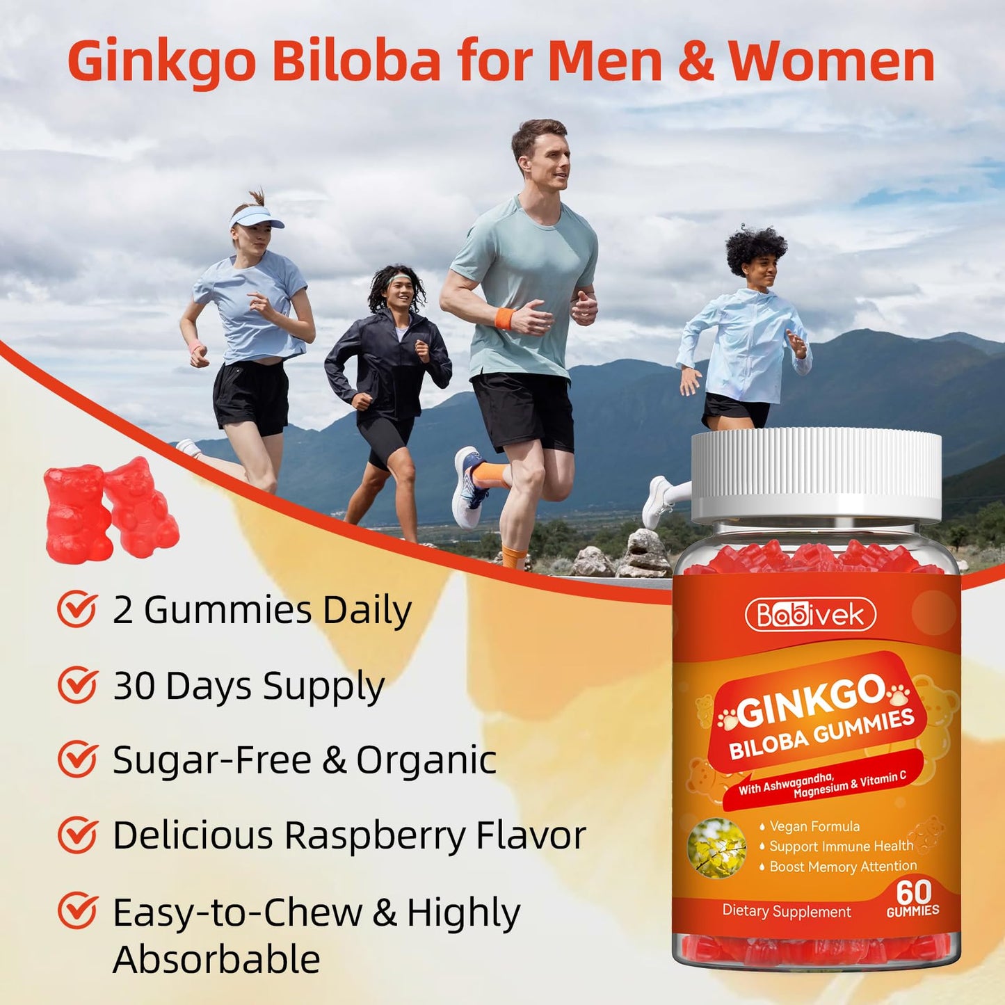 Babivek Ginkgo Biloba Gummies with Ashwagandha, Vitamin C & Magnesium, 120 Count