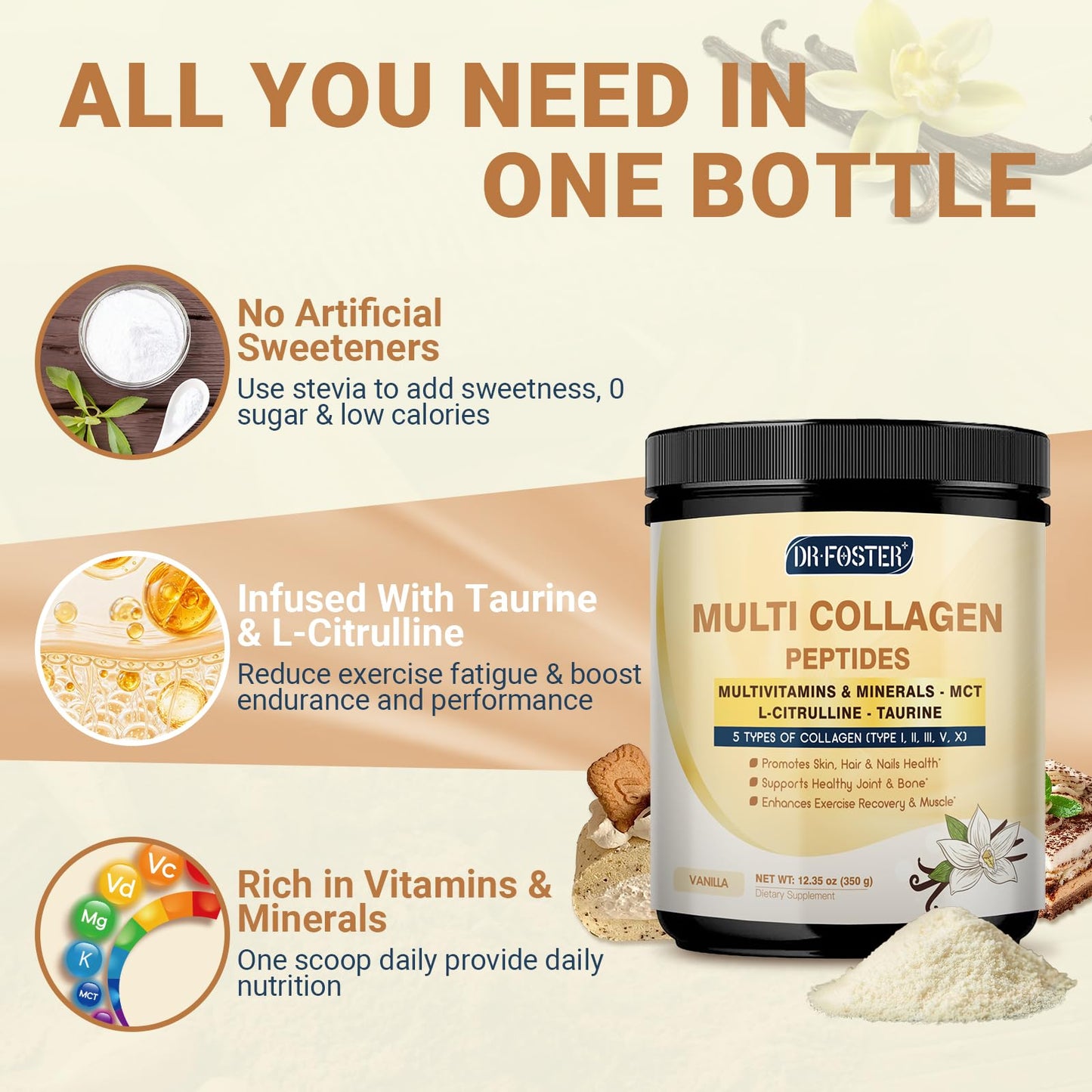 DRFOSTER Vanilla Collagen Peptides Powder, 12.35 Ounce