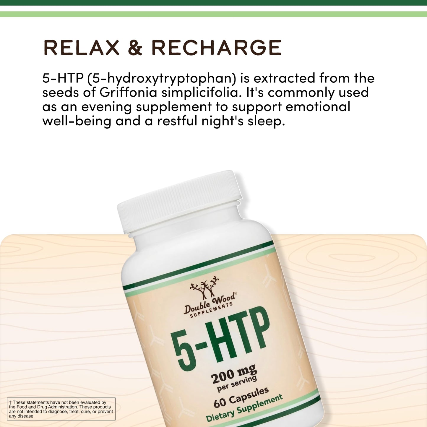 Double Wood Supplements 5HTP Capsules 200mg per Serving, 60 Count