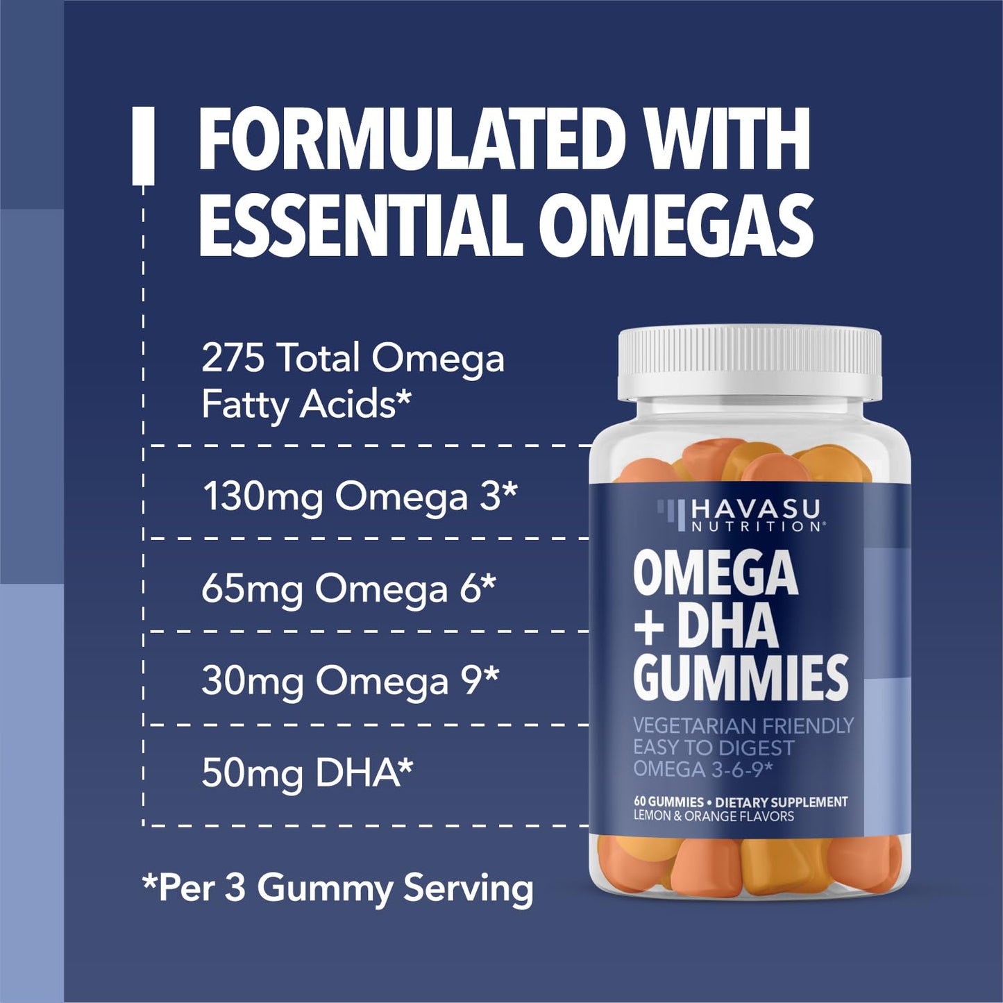 HAVASU NUTRITION Omega-3-6-9 + DHA Gummies for Adults, Plant-Based Fish Oil Alternative with Chia Seed Oil and Algae, Lemon and Orange Flavors, Vegetarian Friendly, 60 Gummies