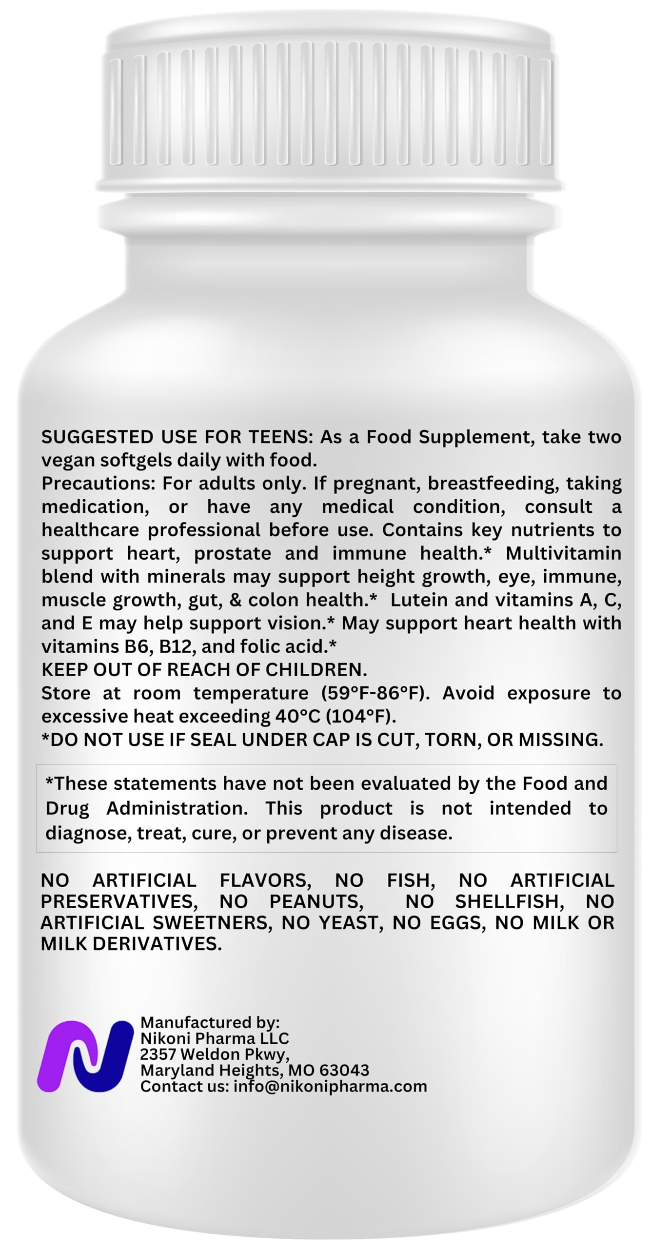 Nikoni Teen Boy Multivitamin & Mineral Vegan Softgels – Enhanced Absorption Formula – 60 Ct