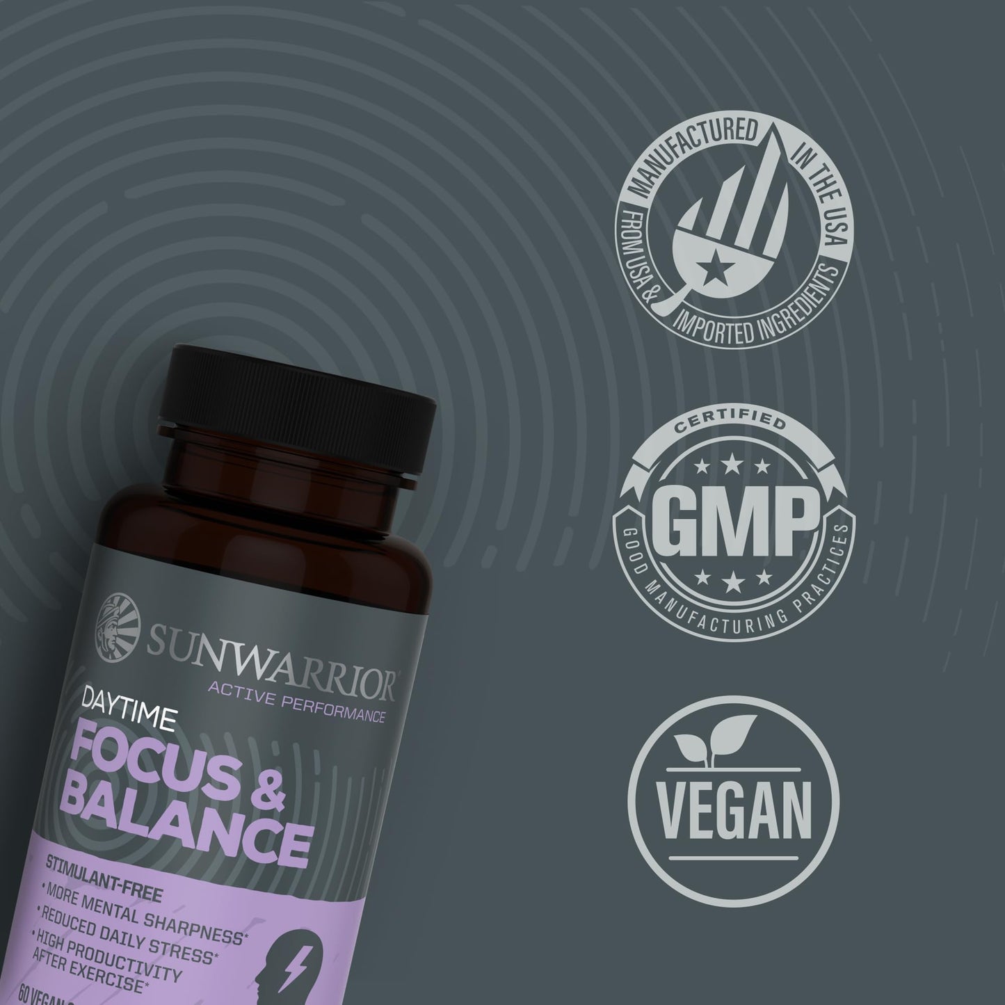Sunwarrior Ashwagandha, Rhodiola, Reishi & 5-HTP for Stress-Free Focus Active Focus & Balance Capsules, 60 Capsules