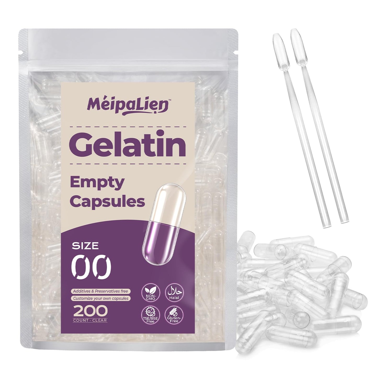 MéipaLien Empty Gelatin Capsules Size 00, 200 Capsules