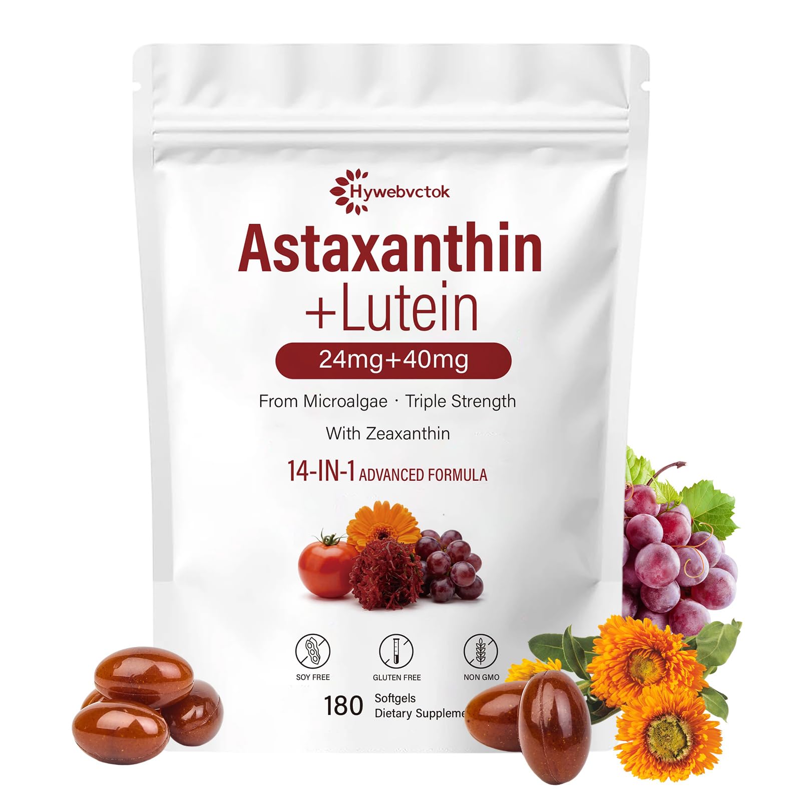Hywebvctok 14-in-1 Astaxanthin with Lutein & Zeaxanthin (24mg/40mg), Fresh Microalgae Source, Non-GMO, Eye & Skin Health, 180 Softgels