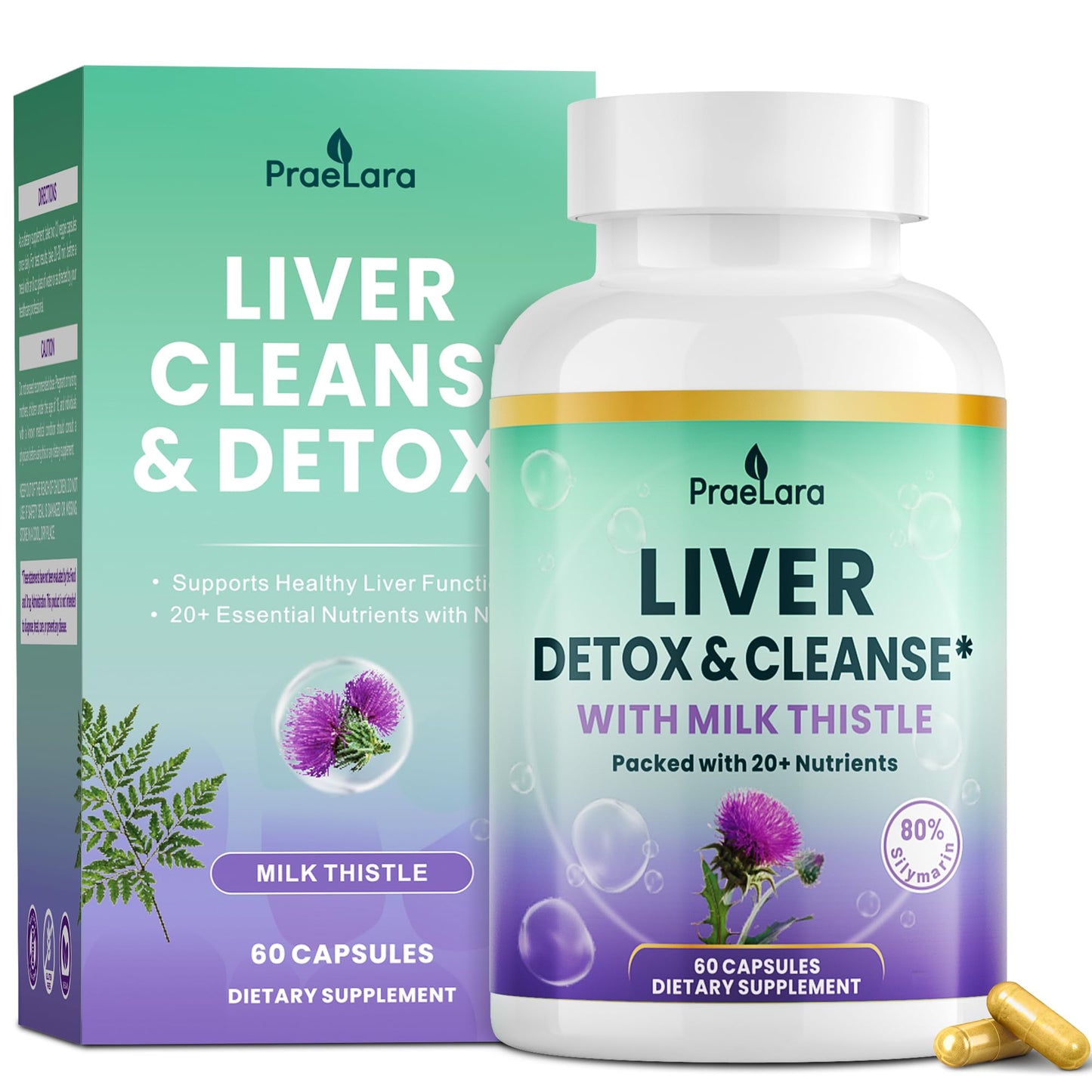 PRAELARA 32-in-1 Liver Cleanse Detox & Repair - Herbal Liver Health Support with Milk Thistle, Dandelion Root, Artichoke & Beetroot 1250mg, Vegan, Non-GMO, 60 Capsules