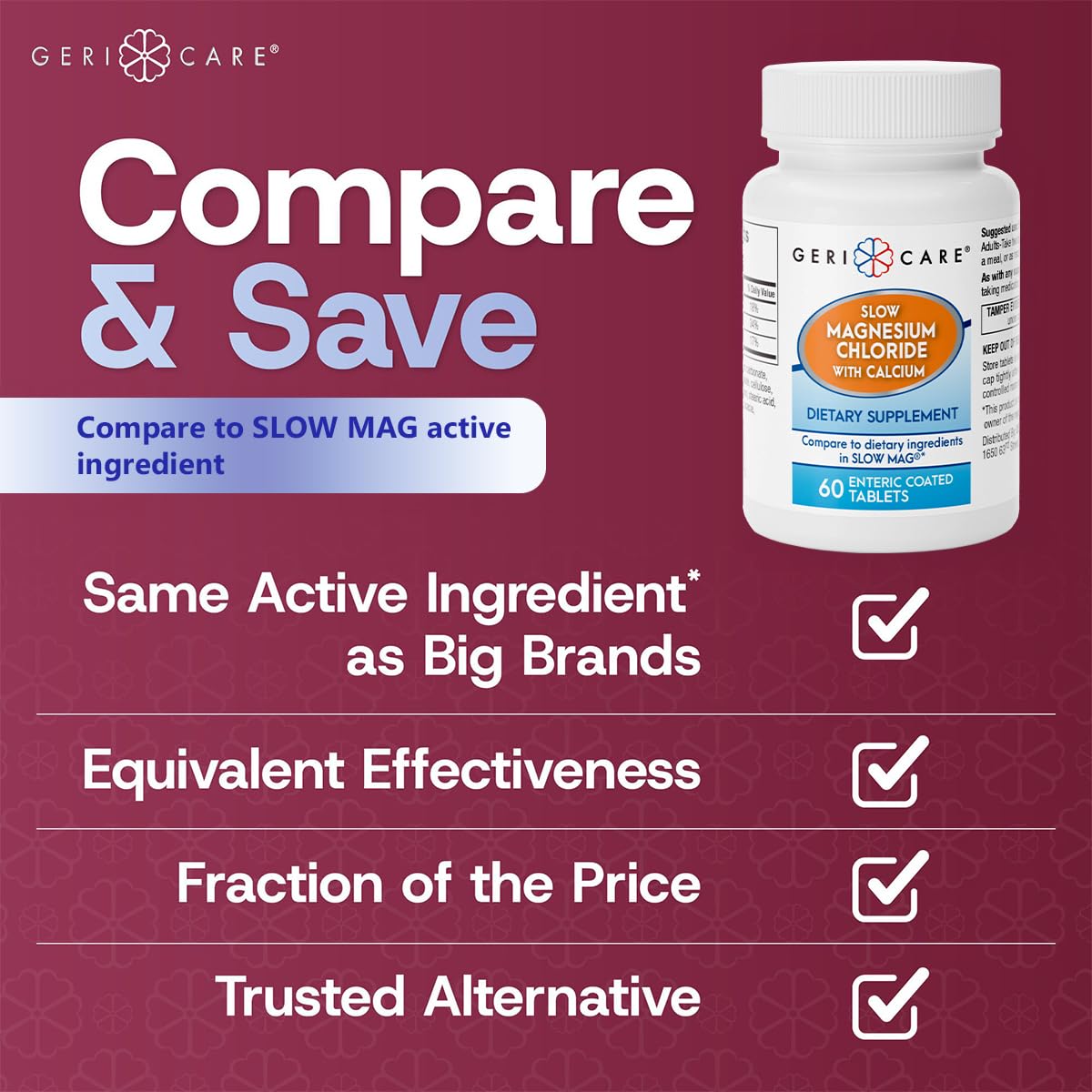 GeriCare Slow Magnesium Chloride Calcium Slow-Release Enteric Coated Tablets, 120 Tablets