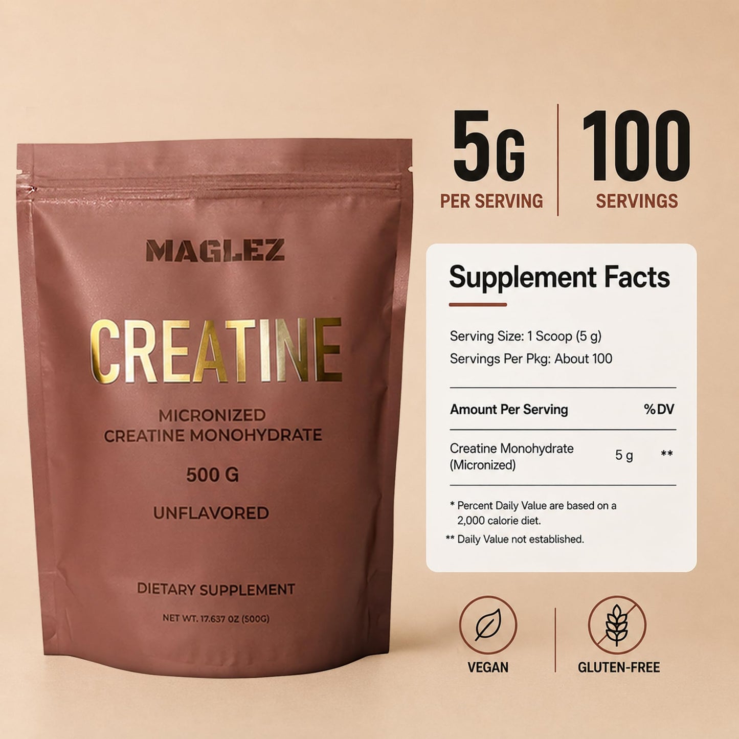 MAGLEZ Creatine Monohydrate Powder 500g (100 Servings)