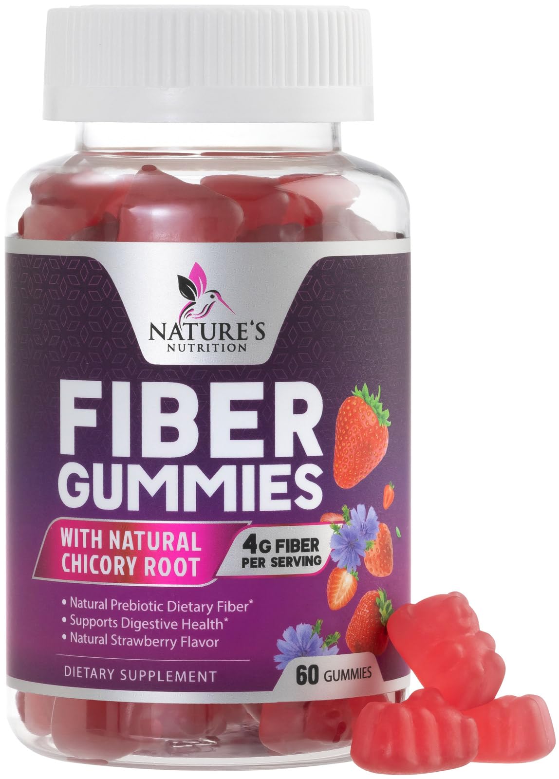 Nature's Nutrition Fiber Gummies for Adults, Soluble Fiber 4g Per Serving - Plant-Based Prebiotic Fiber Supplement for Digestive Health, Gut Health, & Regularity Support - Vegan Berry Flavor, 60 Gummies