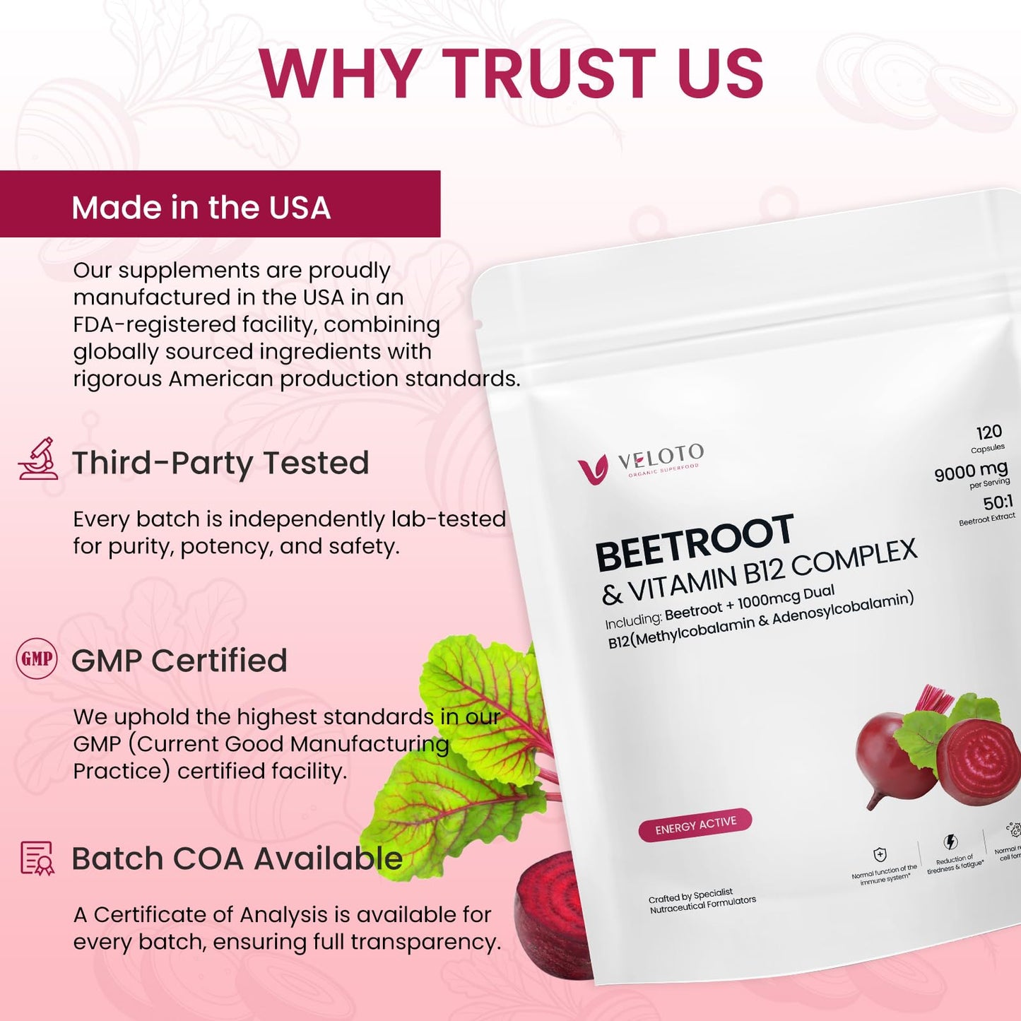 VELOTO Beet Root Extract High Strength 50:1 – 180mg per Capsule with Vitamin B12 1000mcg, Nitric Oxide & Antioxidant Support, Vegan, Non-GMO, 120 Veg Capsules