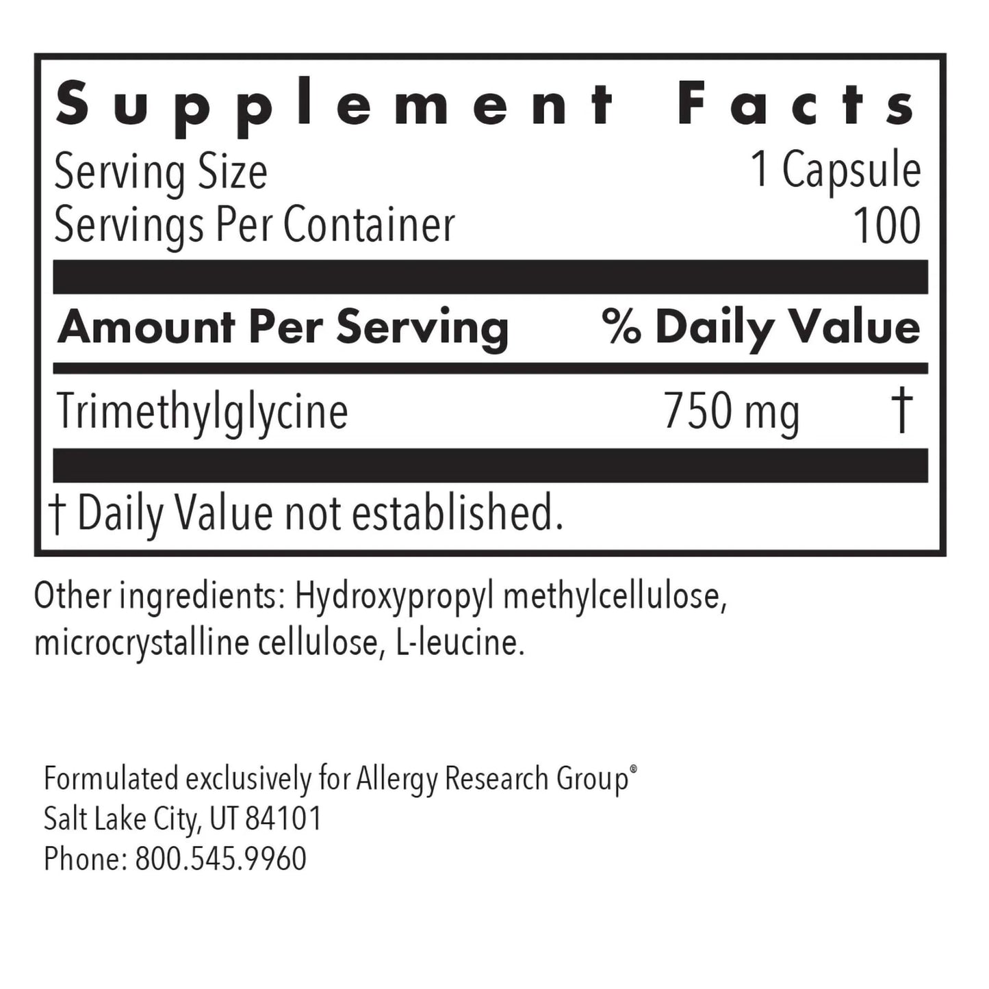 Allergy Research Group TMG Trimethylglycine 750 mg Cardiovascular Capsule, 100 Count