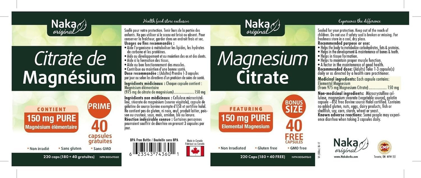 NAKA Magnesium Citrate Capsules, 220 Count