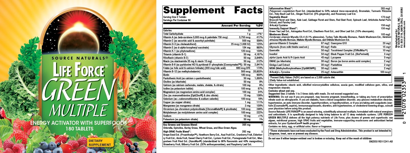 Source Naturals Life Force Green Multiple Energy Activator with Superfoods, 180 Tablets