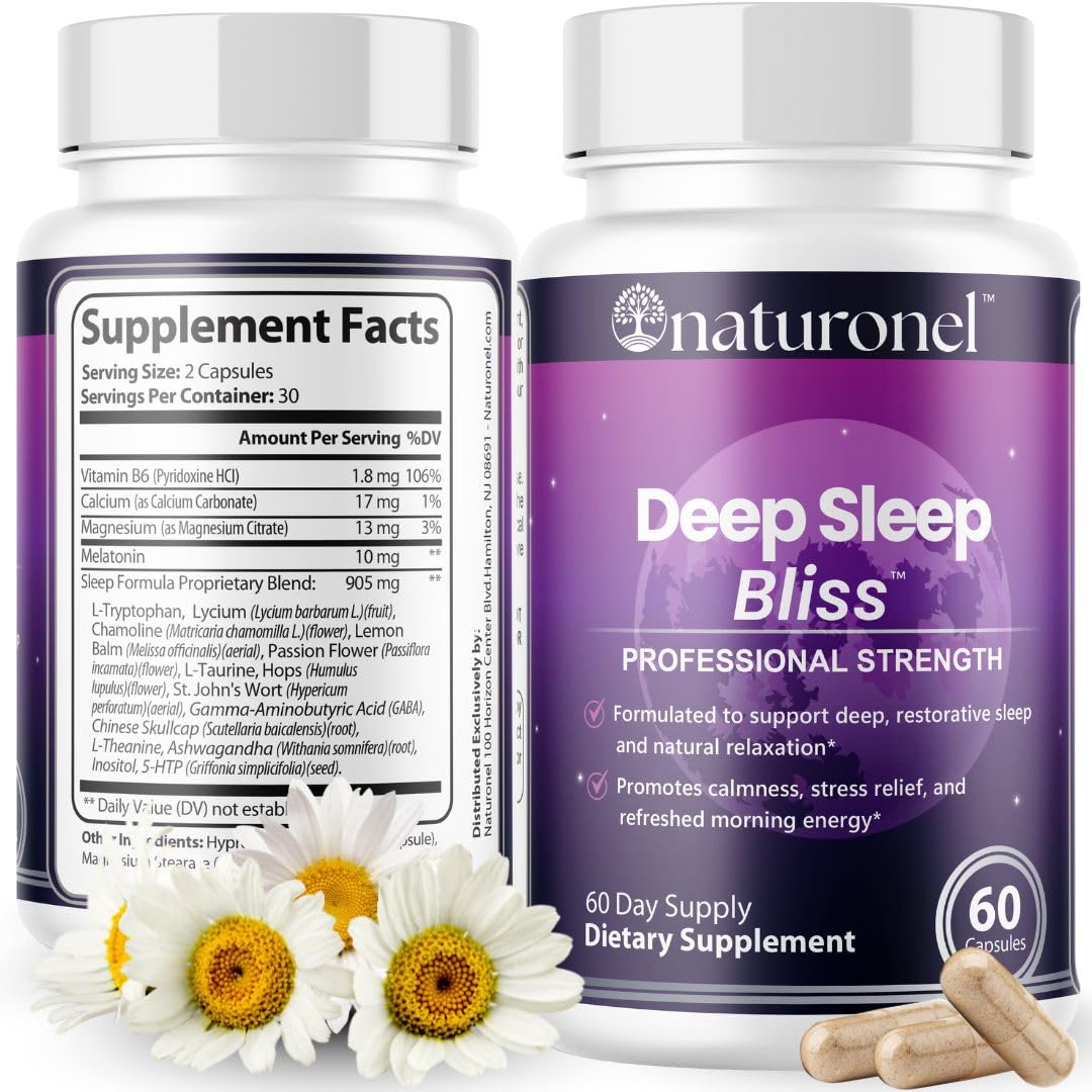 Naturonel Deep Sleep Bliss – Advanced Formula with L-Tryptophan, Melatonin, Lemon Balm, Chamomile, Valerian, GABA & 5-HTP Capsules, 60 Count