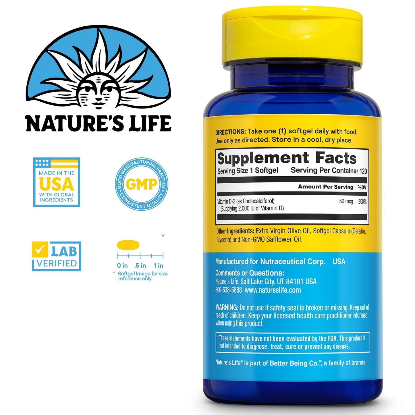Nature's Life Strengthening Vitamin D3 2000 IU (50 mcg) - Vitamin D - Bone Health and Immune Support Softgels, 120 Count