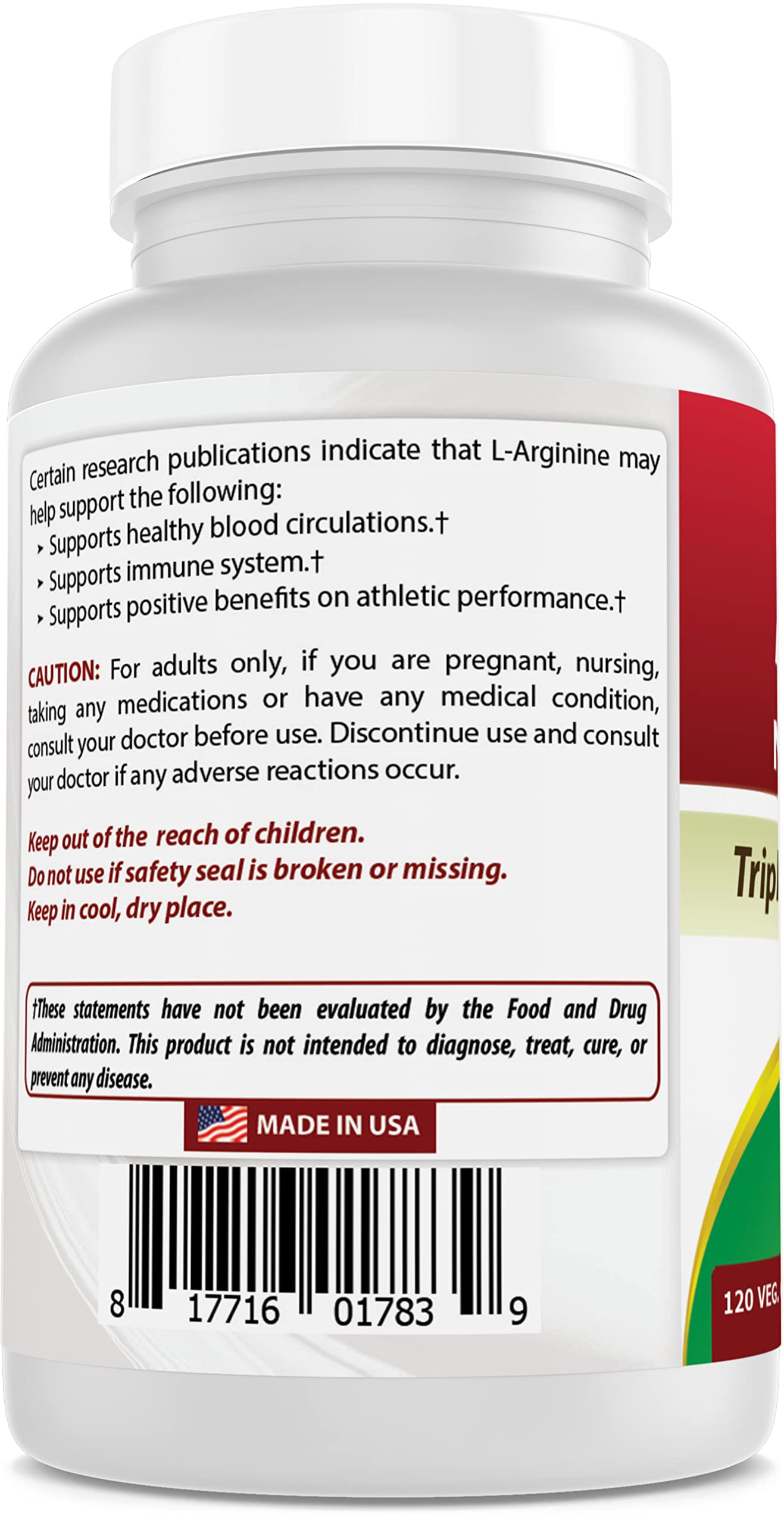 Best Naturals L-Arginine NO Booster Triple Strength 1300 mg Capsules, 120 Count