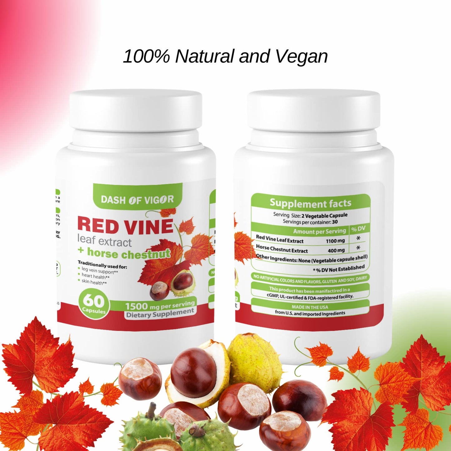 DASH OF VIGOR DOFV Red Vine Leaf Extract (Vitis Vinifera) and Horse Chestnut Extract, Red Vine Extract 1500 mg Capsules, 60 Count